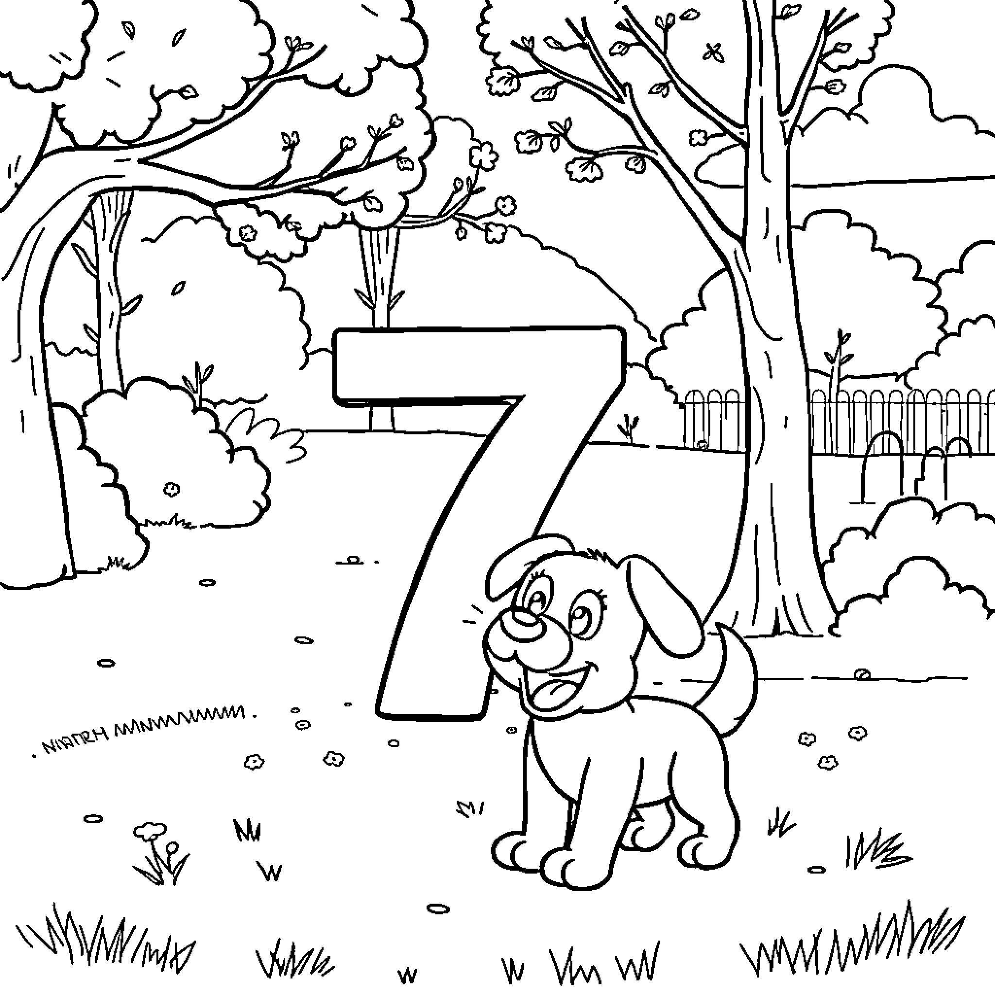 Numberblocks - Playful puppy in a natural setting Coloring Page (free black-and-white line drawing printable PDF for all, from beginners to advanced learners, including children, teens, adults, and seniors)