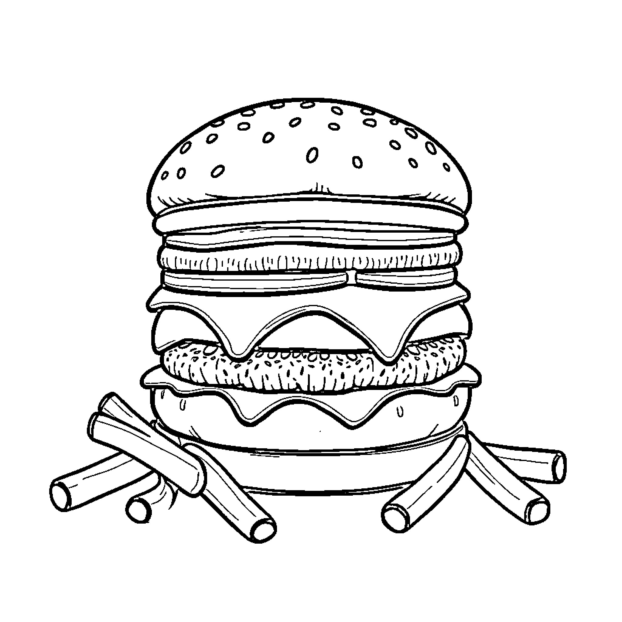 Hamburger with accessories in sketch style Coloring Page (free black-and-white line drawing printable PDF for all, from beginners to advanced learners, including children, teens, adults, and seniors)