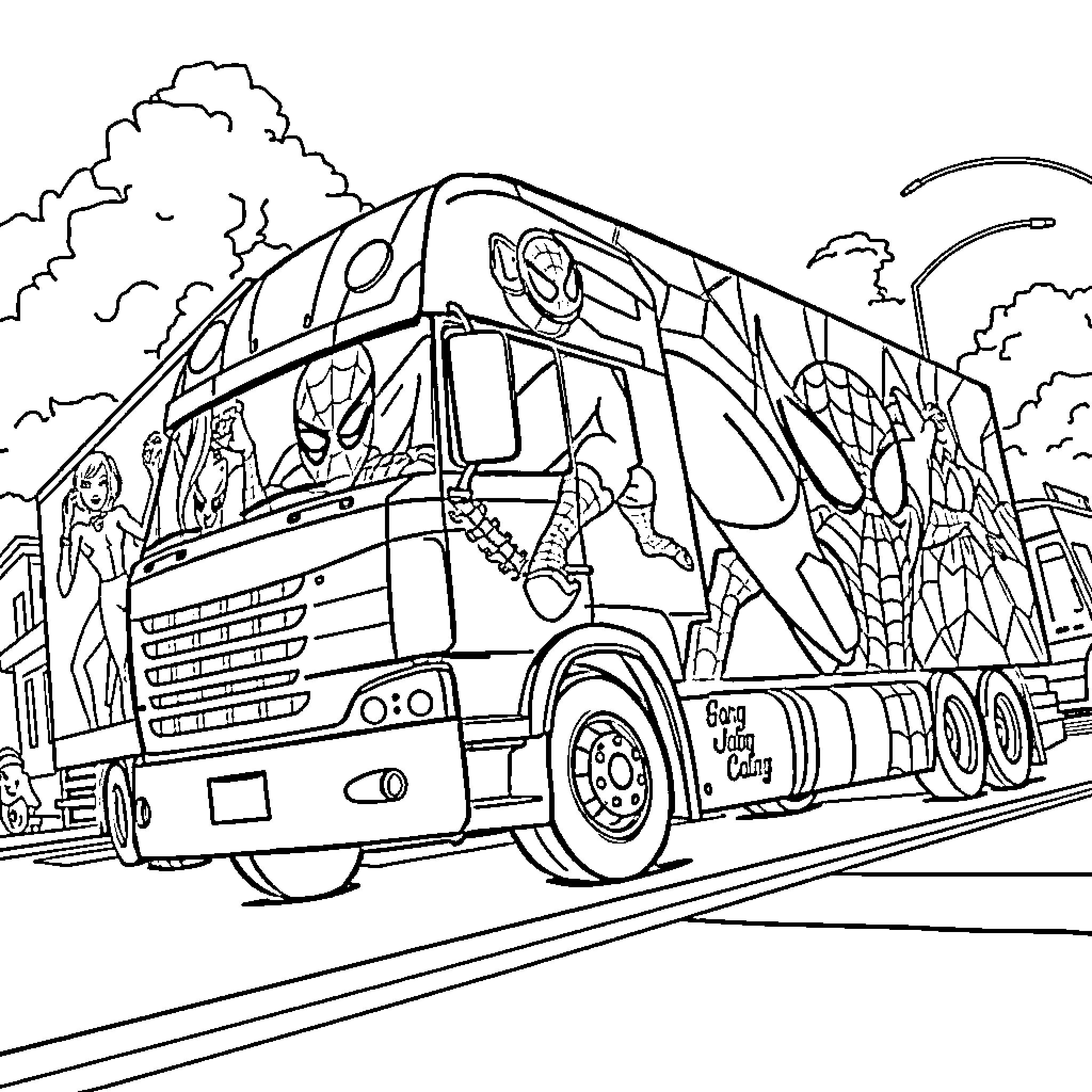 Spiderman Truck with Superheroes on the Road Coloring Page (free black-and-white line drawing printable PDF for all, from beginners to advanced learners, including children, teens, adults, and seniors)