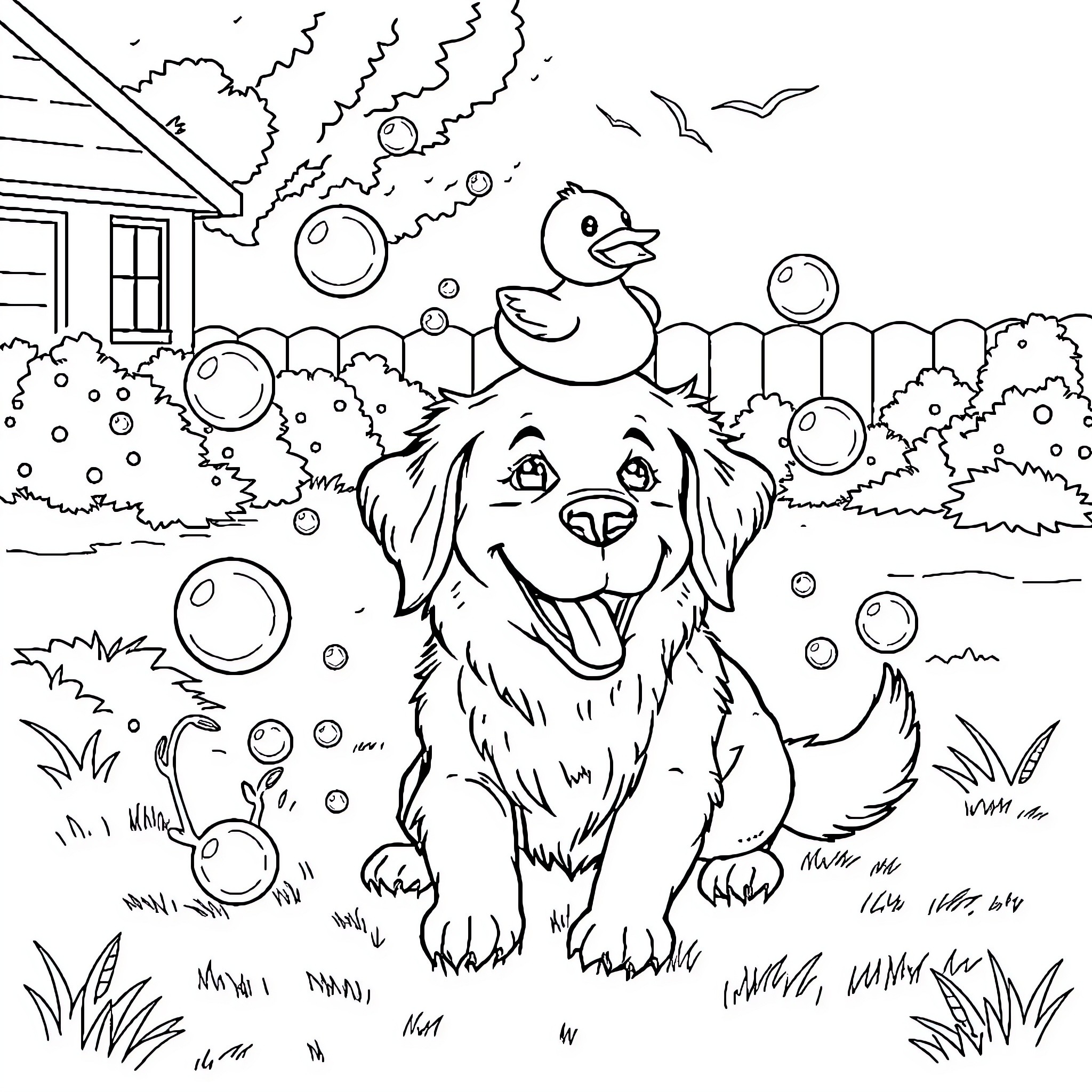 Golden Retriever Playing with Rubber Ducks in the Yard Coloring Page (free black-and-white line drawing printable PDF for all, from beginners to advanced learners, including children, teens, adults, and seniors)