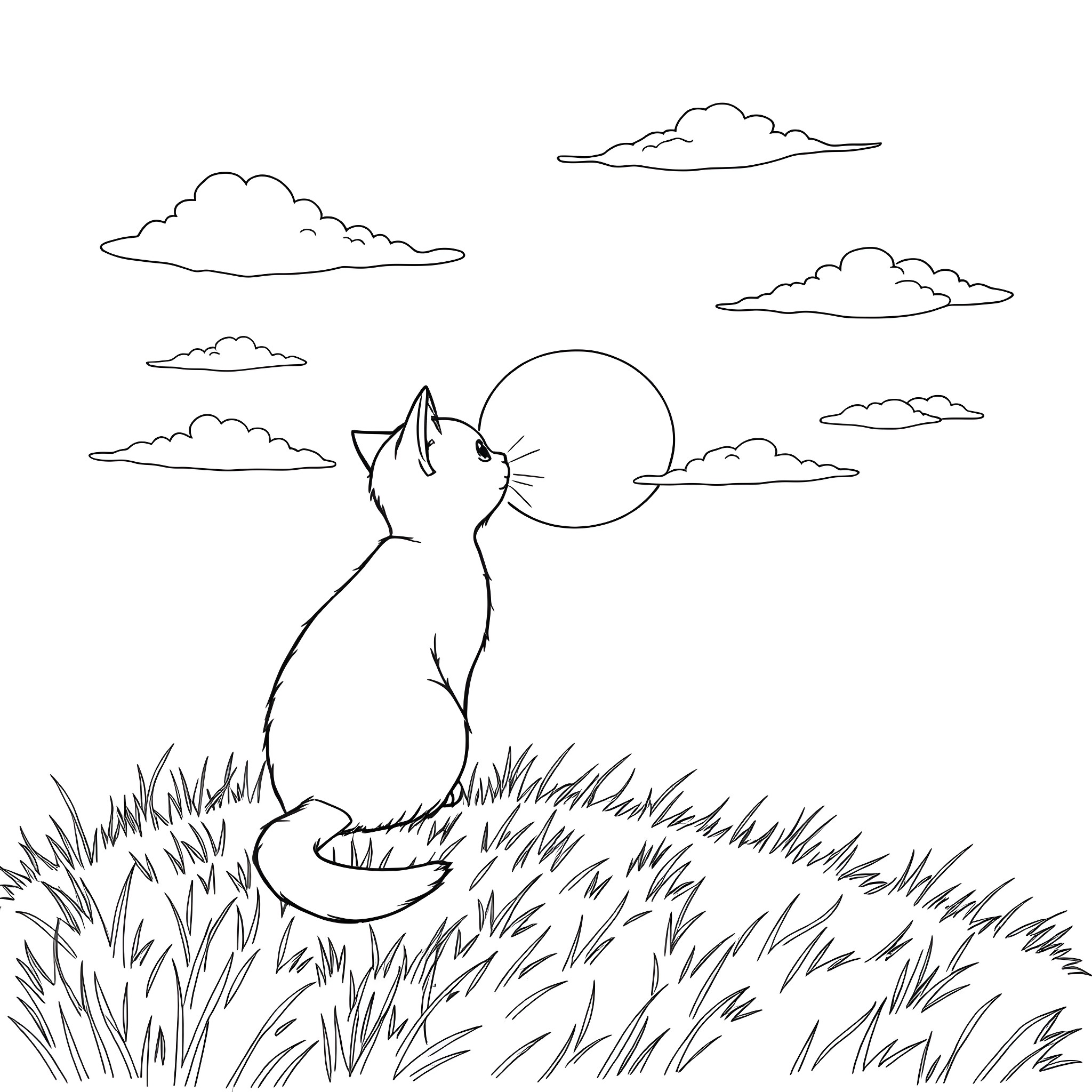 Kitty admiring the sunset in the field Coloring Page (free black-and-white line drawing printable PDF for all, from beginners to advanced learners, including children, teens, adults, and seniors)