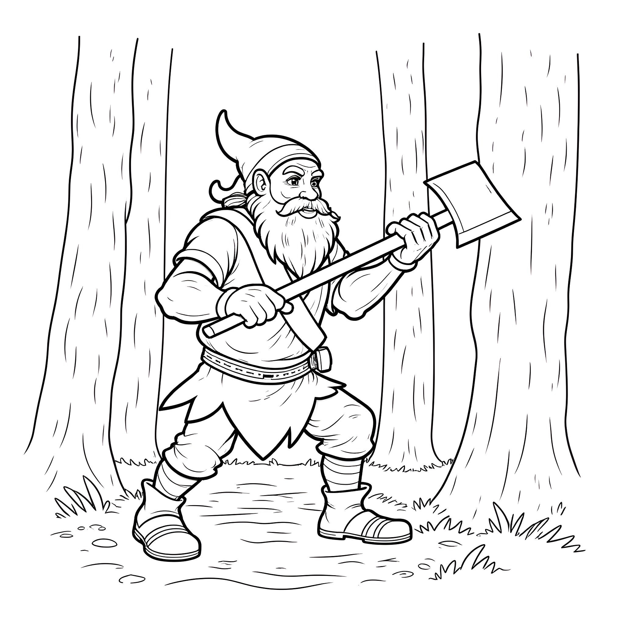 Dwarf lumberjack wielding an axe in the forest Coloring Page (free black-and-white line drawing printable PDF for all, from beginners to advanced learners, including children, teens, adults, and seniors)