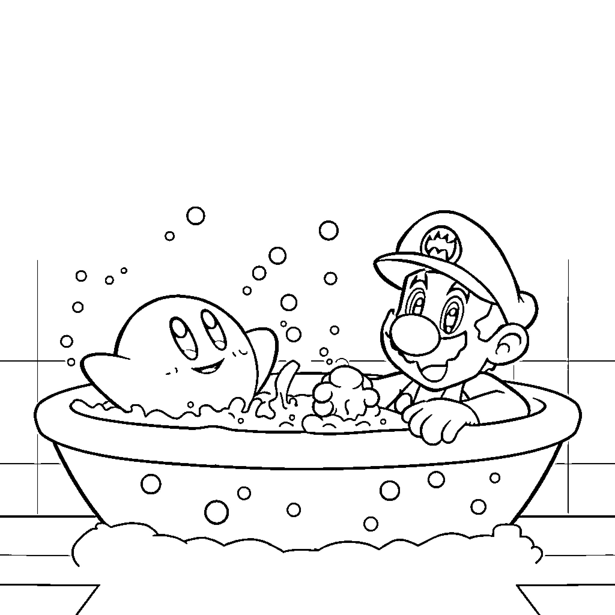 Kirby relaxing in a bubble bath with Mario Coloring Page (free black-and-white line drawing printable PDF for all, from beginners to advanced learners, including children, teens, adults, and seniors)