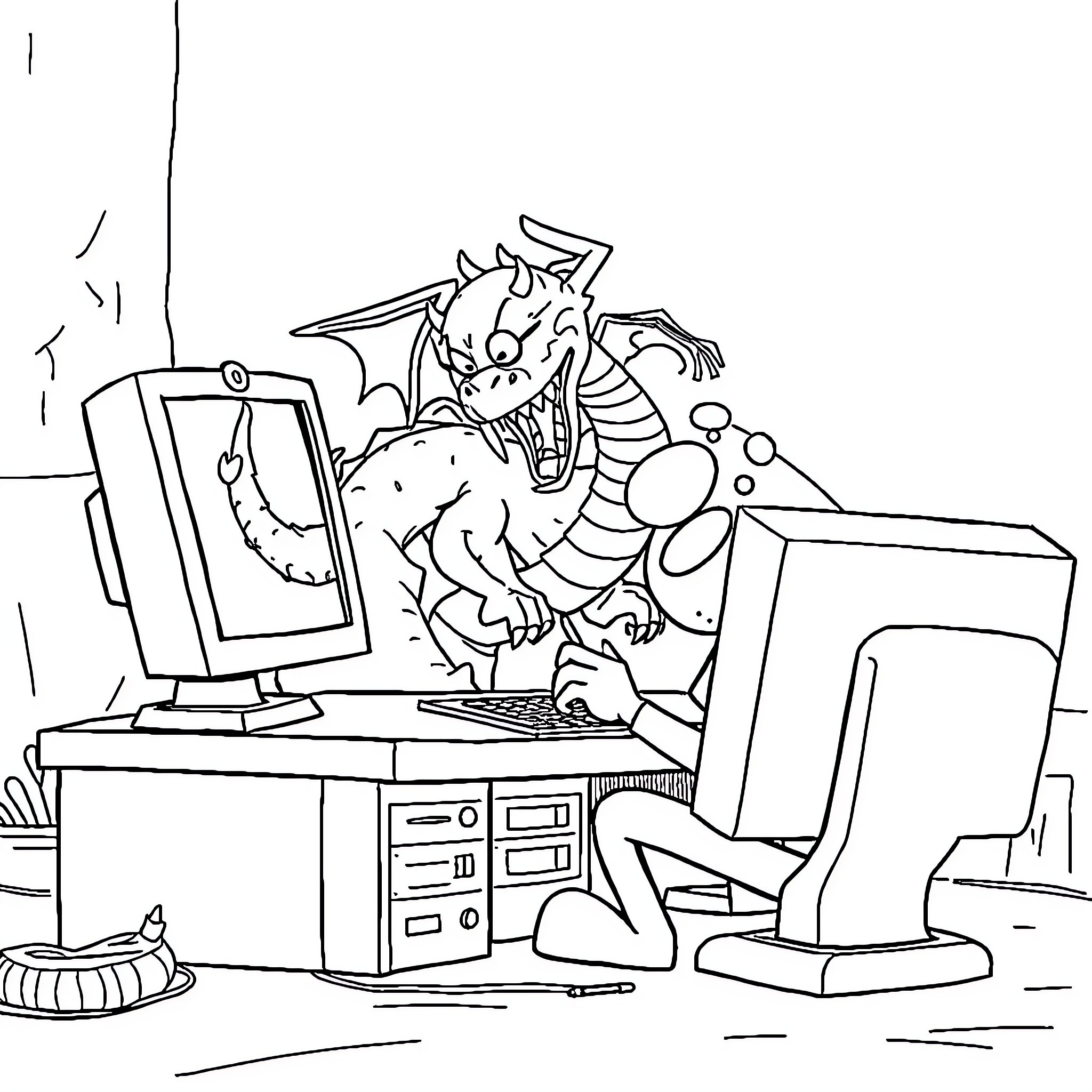 Dragon using computer with equipment in office Coloring Page (free black-and-white line drawing printable PDF for all, from beginners to advanced learners, including children, teens, adults, and seniors)