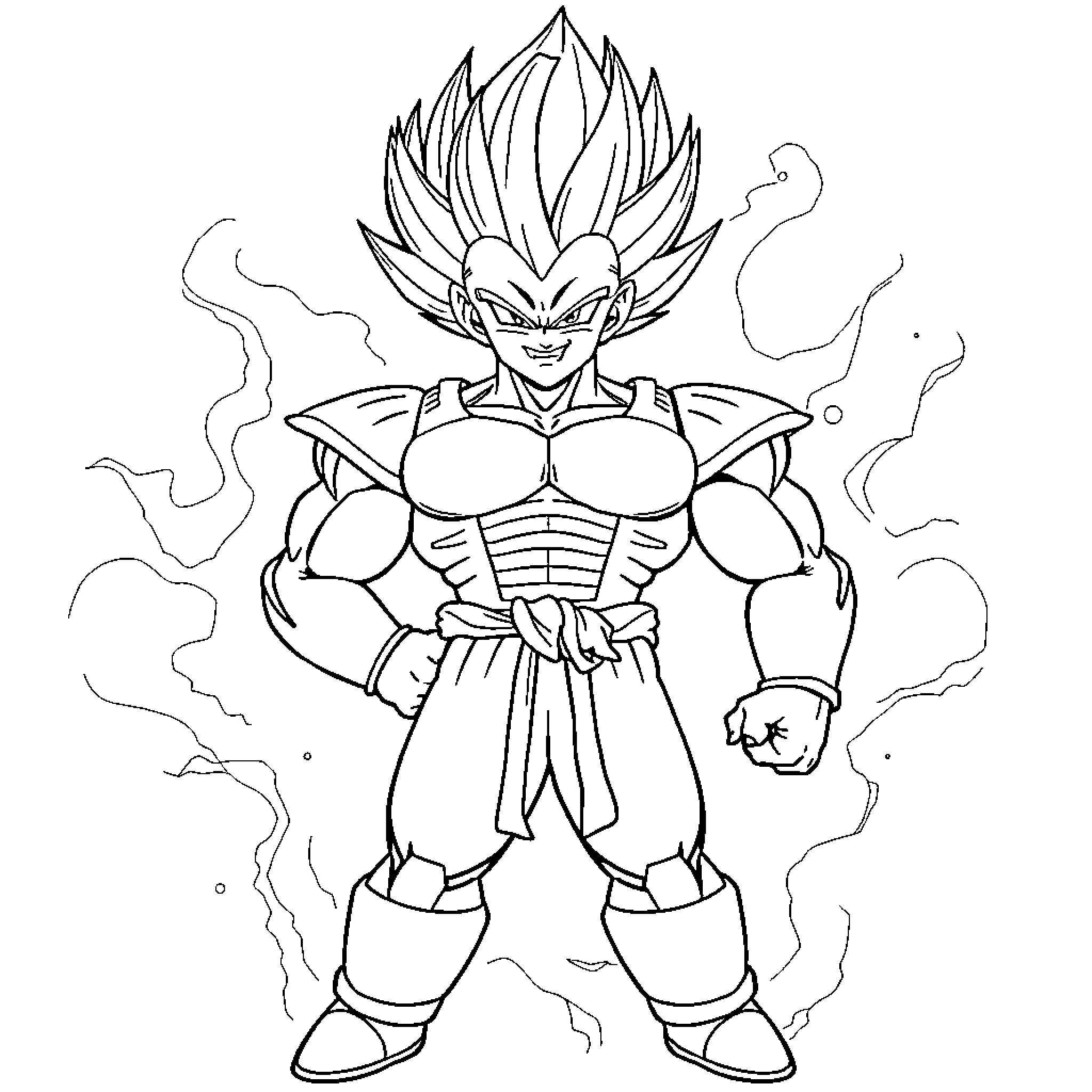 Vegeta standing powerfully with an intense expression Coloring Page (free black-and-white line drawing printable PDF for all, from beginners to advanced learners, including children, teens, adults, and seniors)