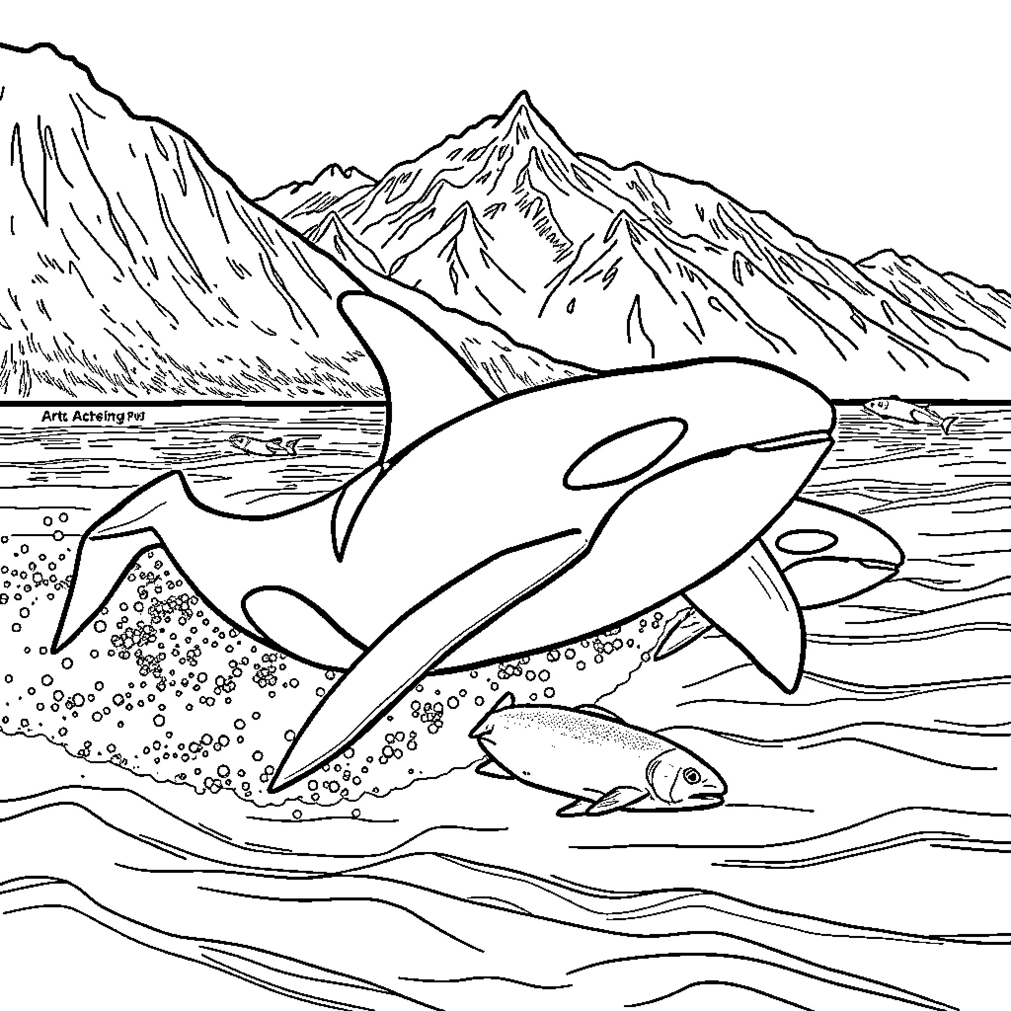 Orca swimming in the ocean by the mountains Coloring Page (free black-and-white line drawing printable PDF for all, from beginners to advanced learners, including children, teens, adults, and seniors)