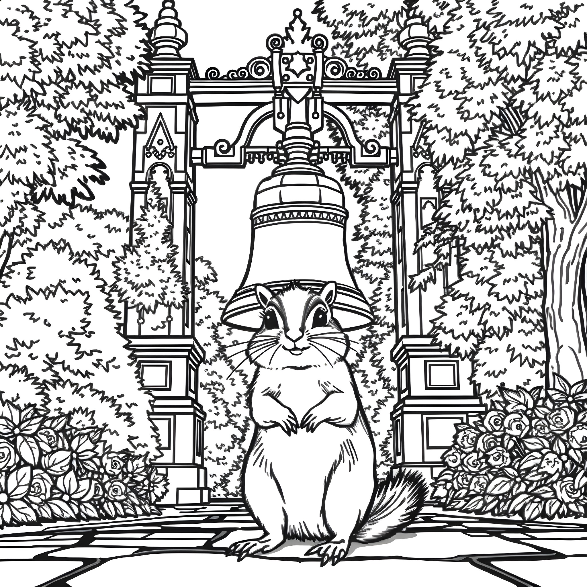 Chipmunk ringing decorative bell in ornate garden setting Coloring Page (free black-and-white line drawing printable PDF for all, from beginners to advanced learners, including children, teens, adults, and seniors)