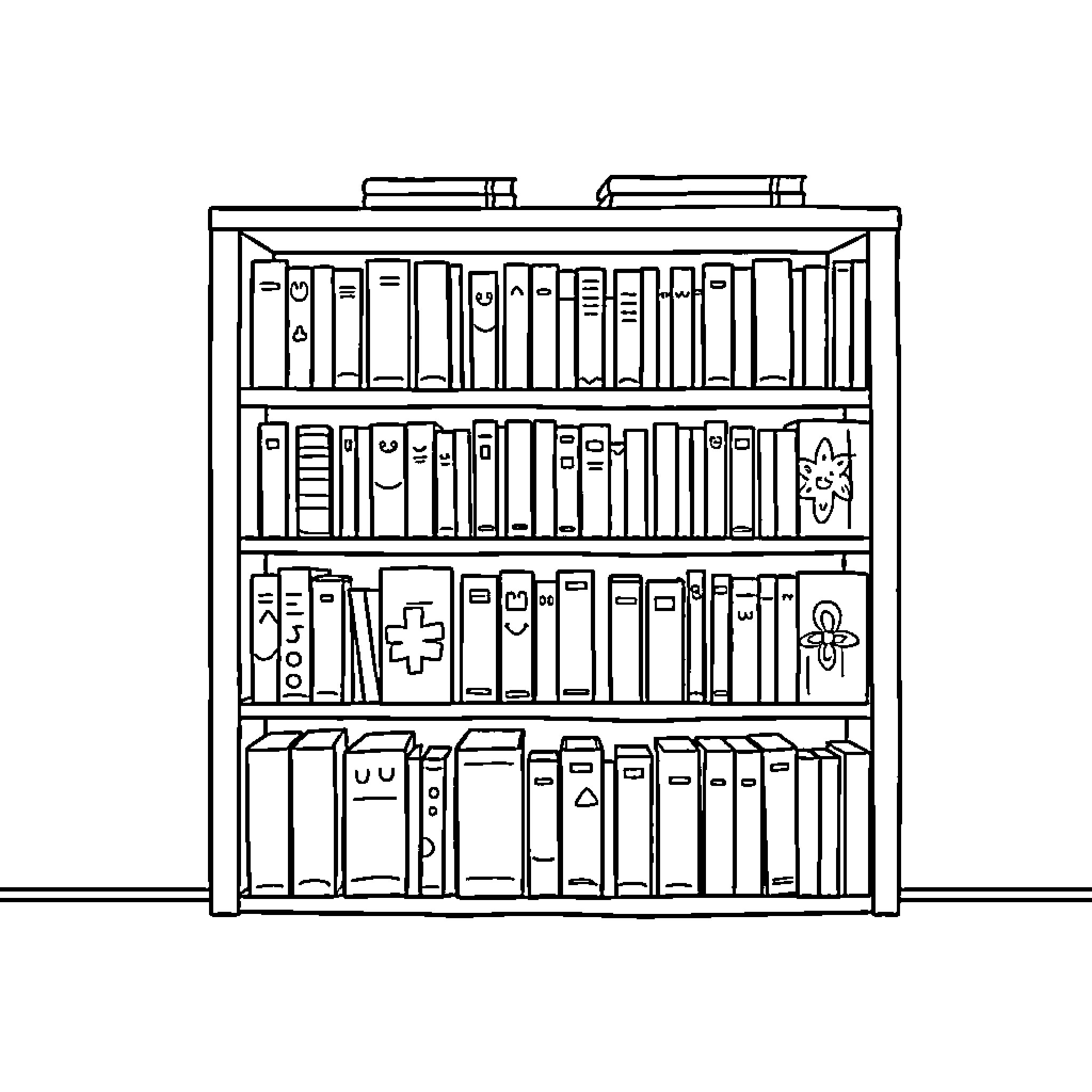 Bookshelf filled with organized books Coloring Page (free black-and-white line drawing printable PDF for all, from beginners to advanced learners, including children, teens, adults, and seniors)