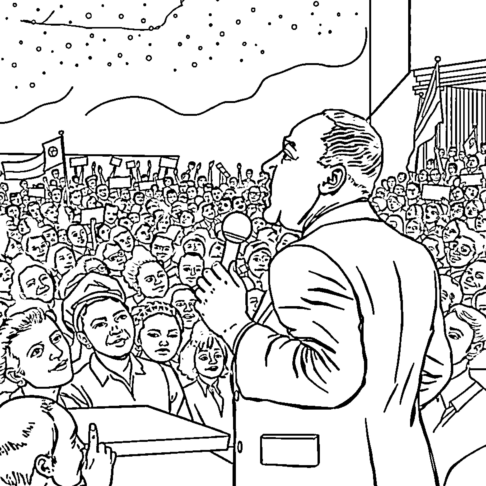Martin Luther King Addressing Passionate Crowd at Night Coloring Page (free black-and-white line drawing printable PDF for all, from beginners to advanced learners, including children, teens, adults, and seniors)