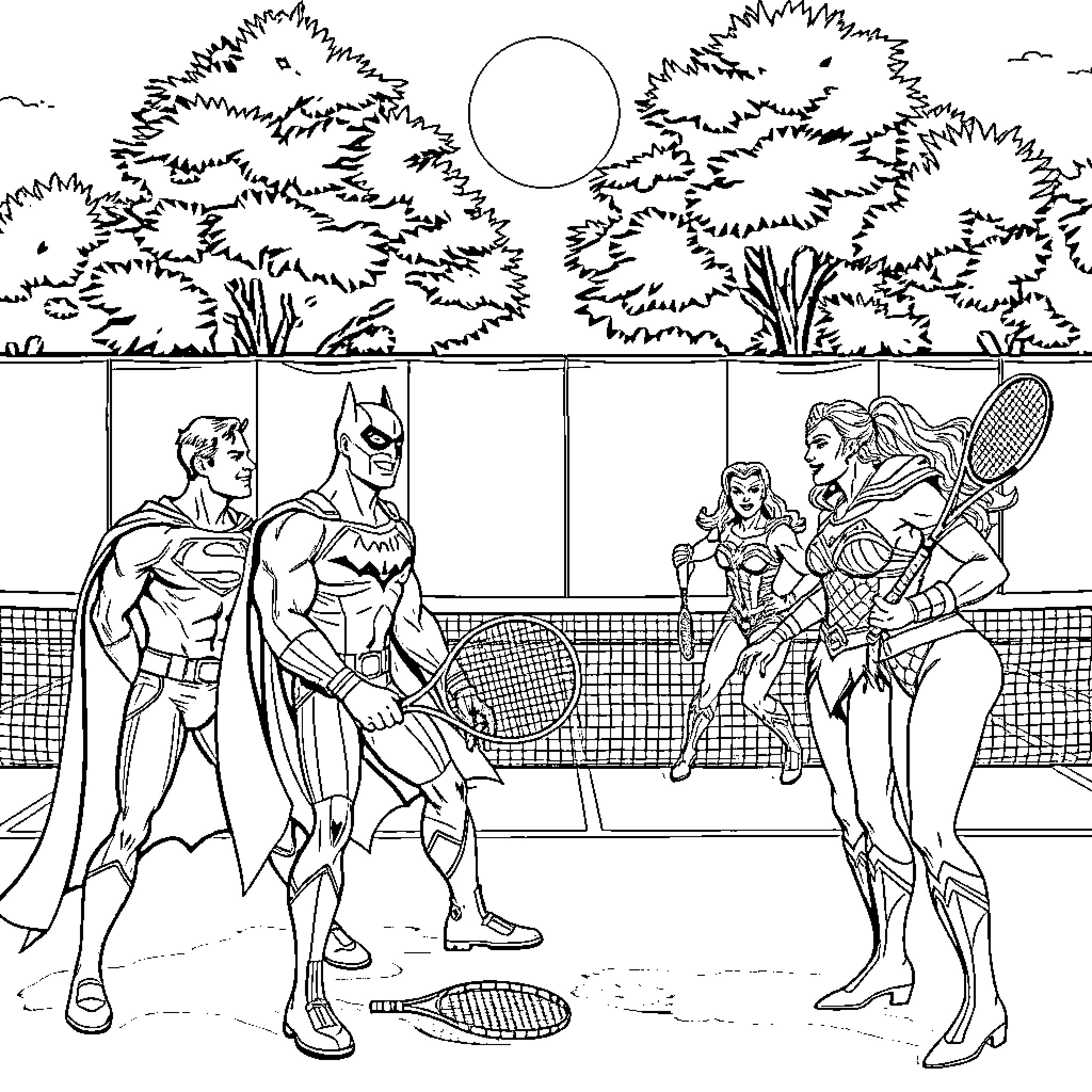 Superheroes playing tennis on a court Coloring Page (free black-and-white line drawing printable PDF for all, from beginners to advanced learners, including children, teens, adults, and seniors)