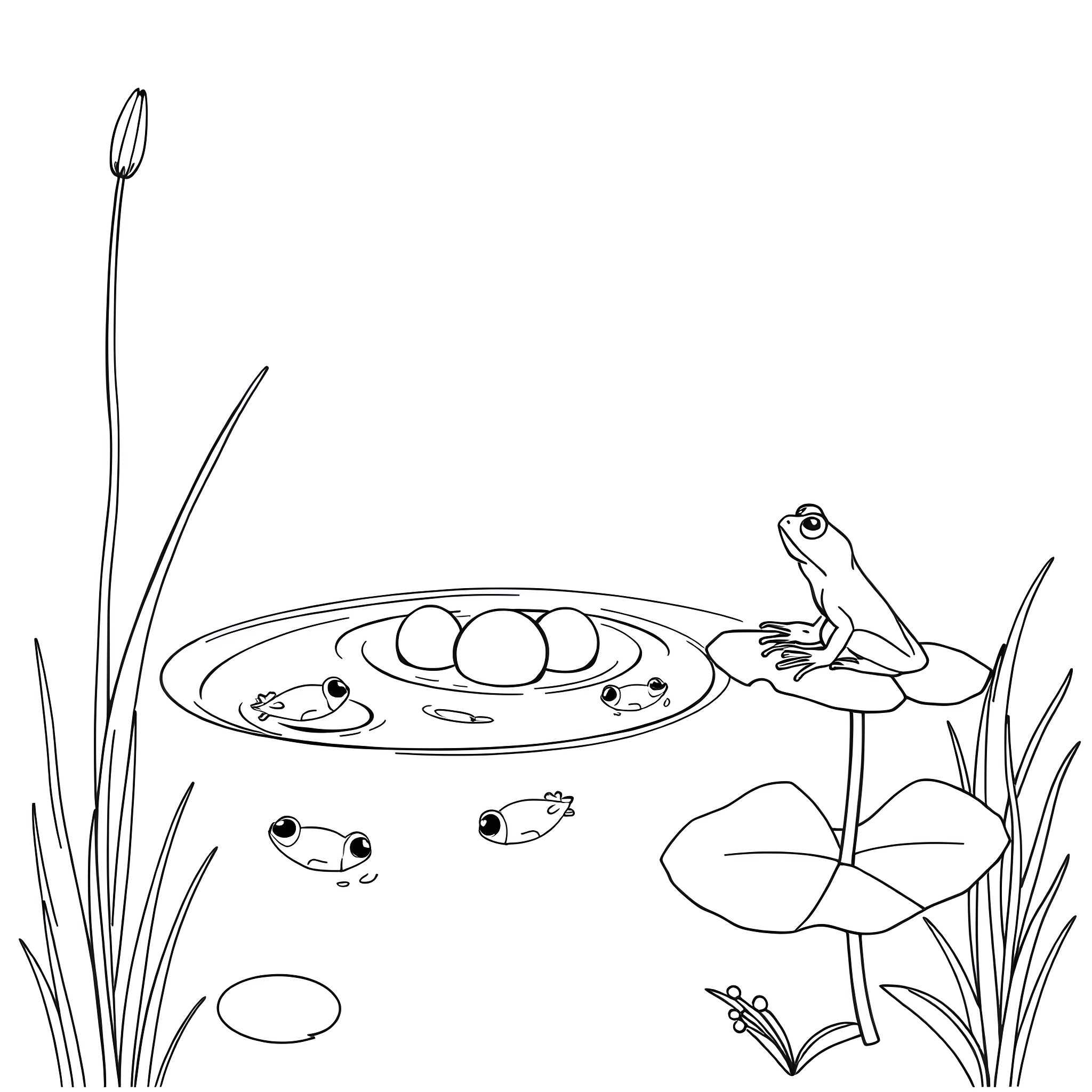 Frog and Eggs in the Pond Coloring Page (free black-and-white line drawing printable PDF for all, from beginners to advanced learners, including children, teens, adults, and seniors)