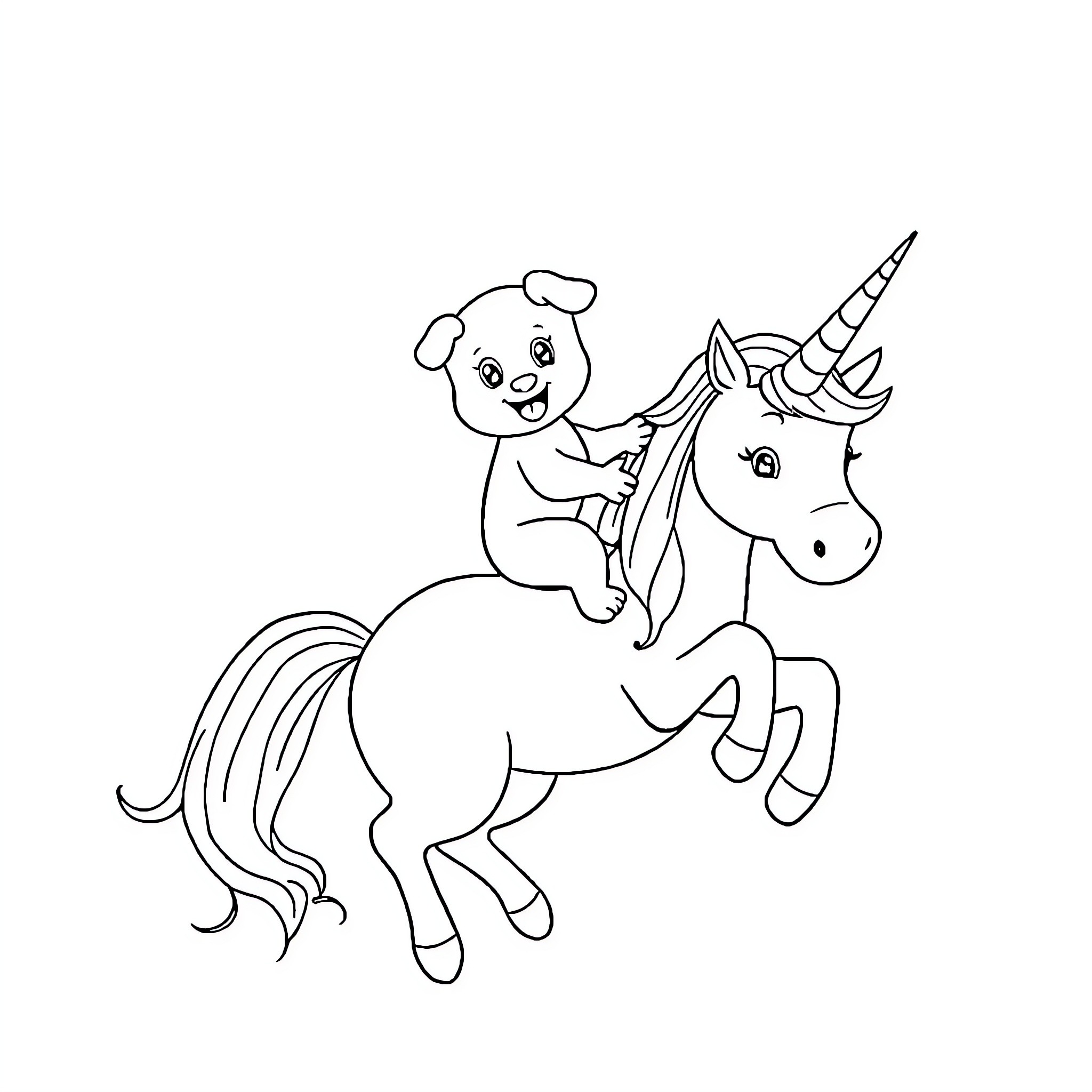 Puppy riding a unicorn happily Coloring Page (free black-and-white line drawing printable PDF for all, from beginners to advanced learners, including children, teens, adults, and seniors)
