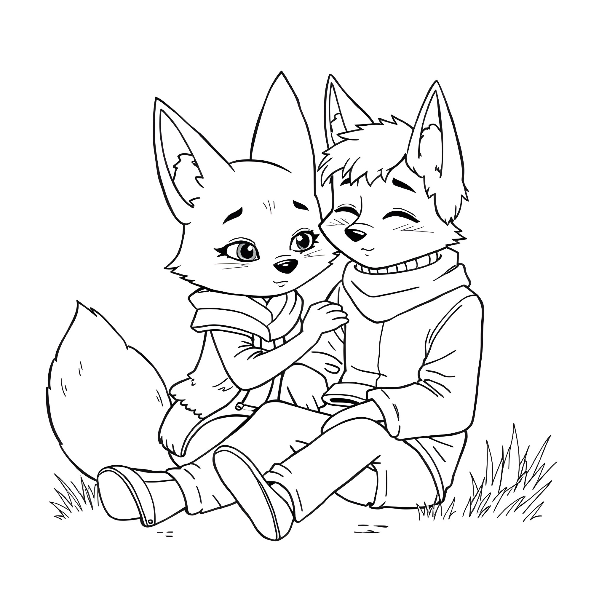 Fox siblings playing together in the field Coloring Page (free black-and-white line drawing printable PDF for all, from beginners to advanced learners, including children, teens, adults, and seniors)