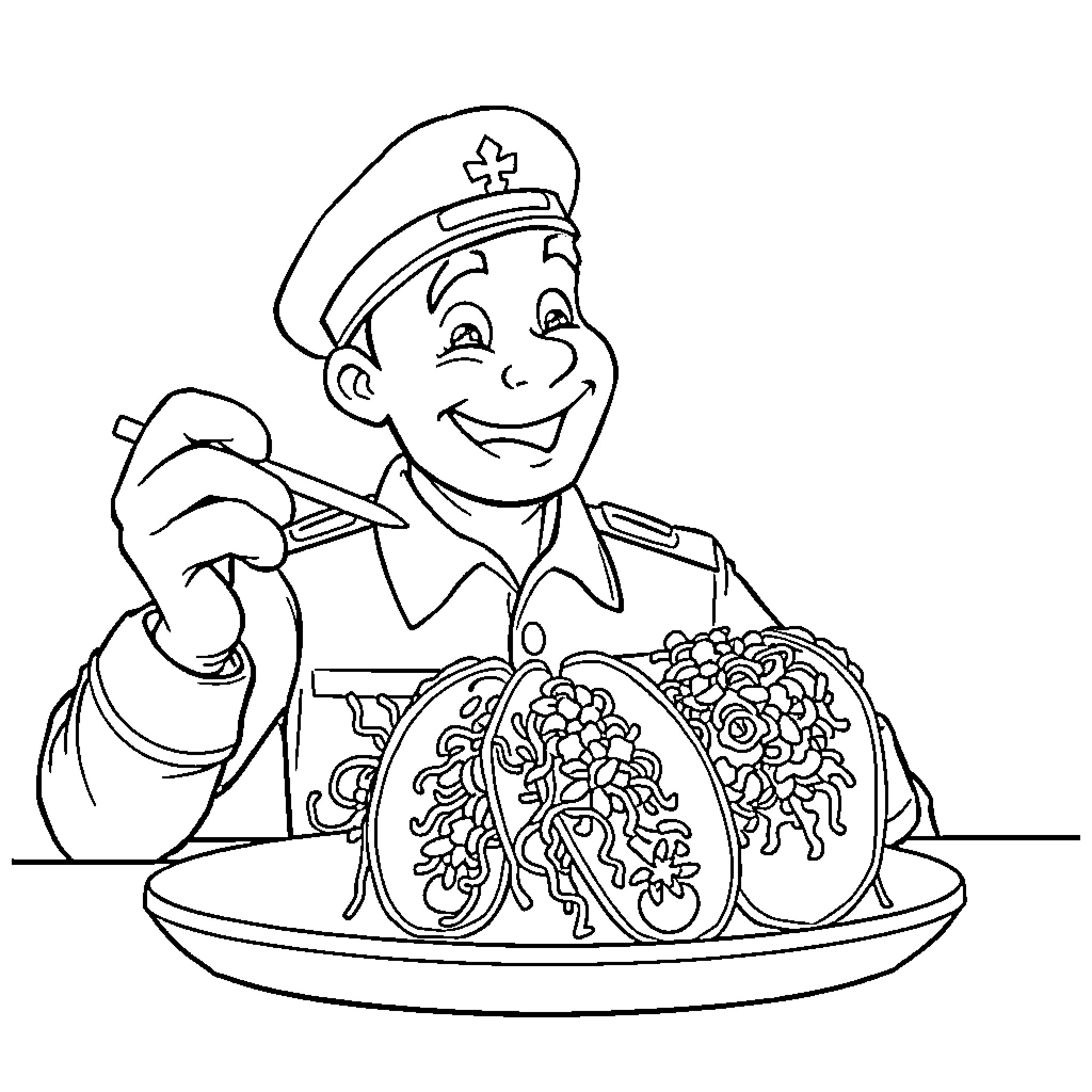 Marine Officer Serving Traditional Dish Coloring Page (free black-and-white line drawing printable PDF for all, from beginners to advanced learners, including children, teens, adults, and seniors)