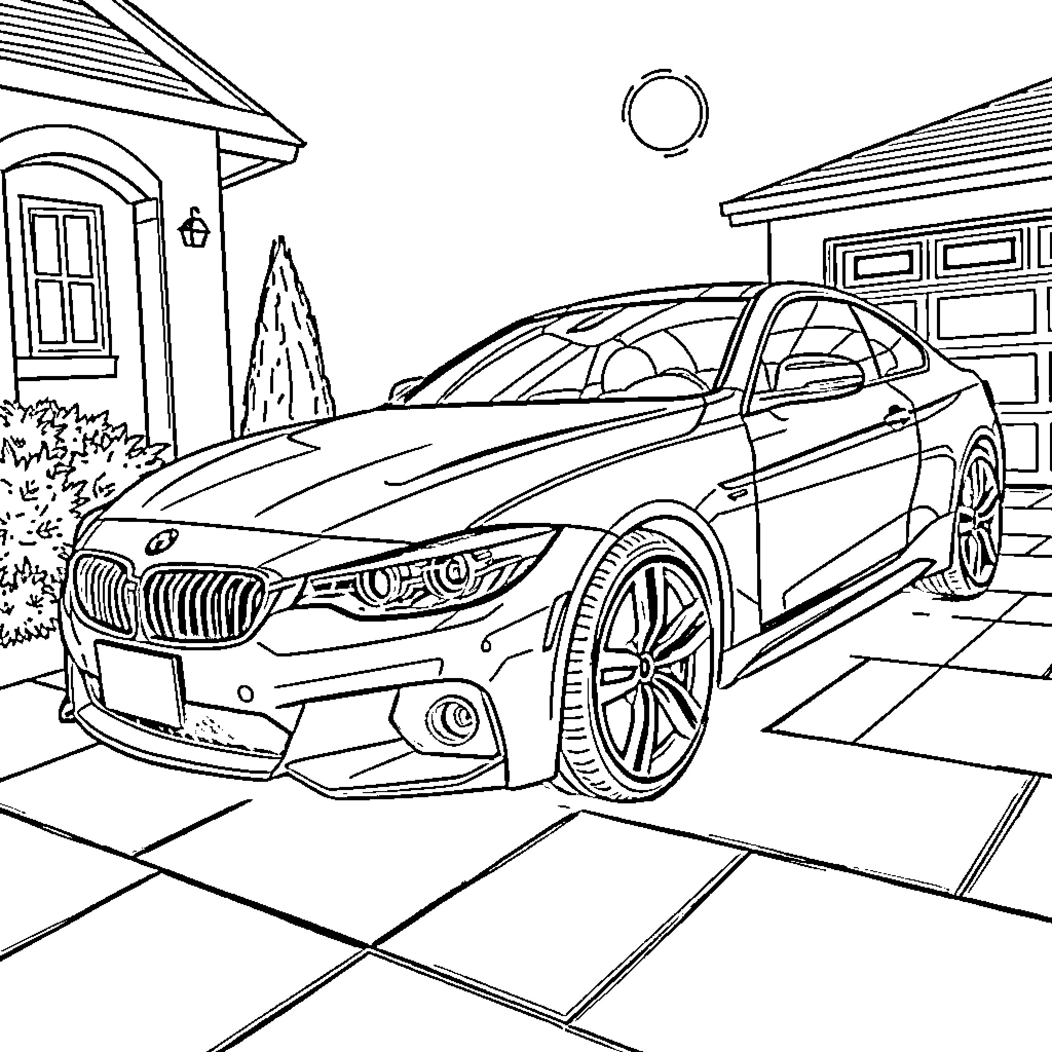 Car in front of house on a sunny day Coloring Page (free black-and-white line drawing printable PDF for all, from beginners to advanced learners, including children, teens, adults, and seniors)