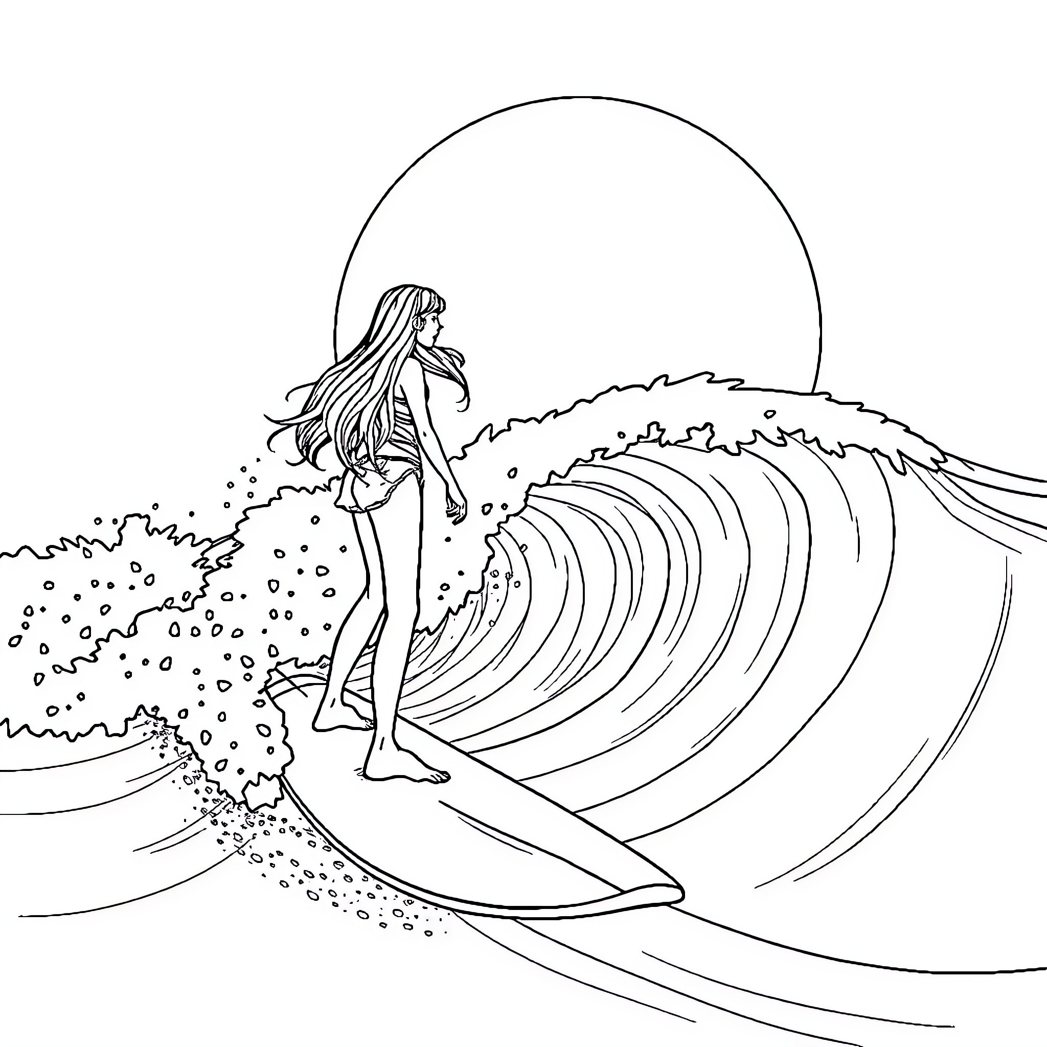 Girl surfing on the big wave Coloring Page (free black-and-white line drawing printable PDF for all, from beginners to advanced learners, including children, teens, adults, and seniors)