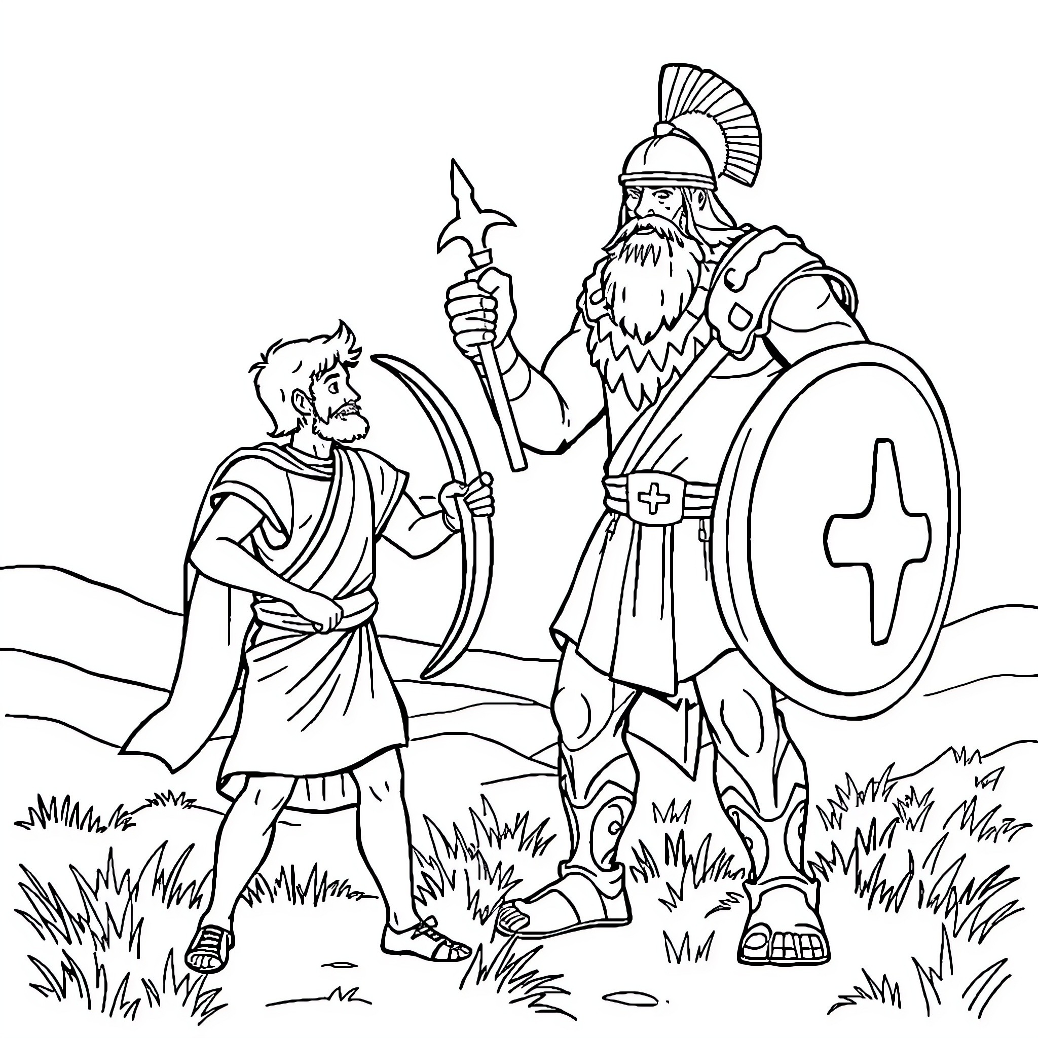 David and the Warrior Confronting a Foe Coloring Page (free black-and-white line drawing printable PDF for all, from beginners to advanced learners, including children, teens, adults, and seniors)