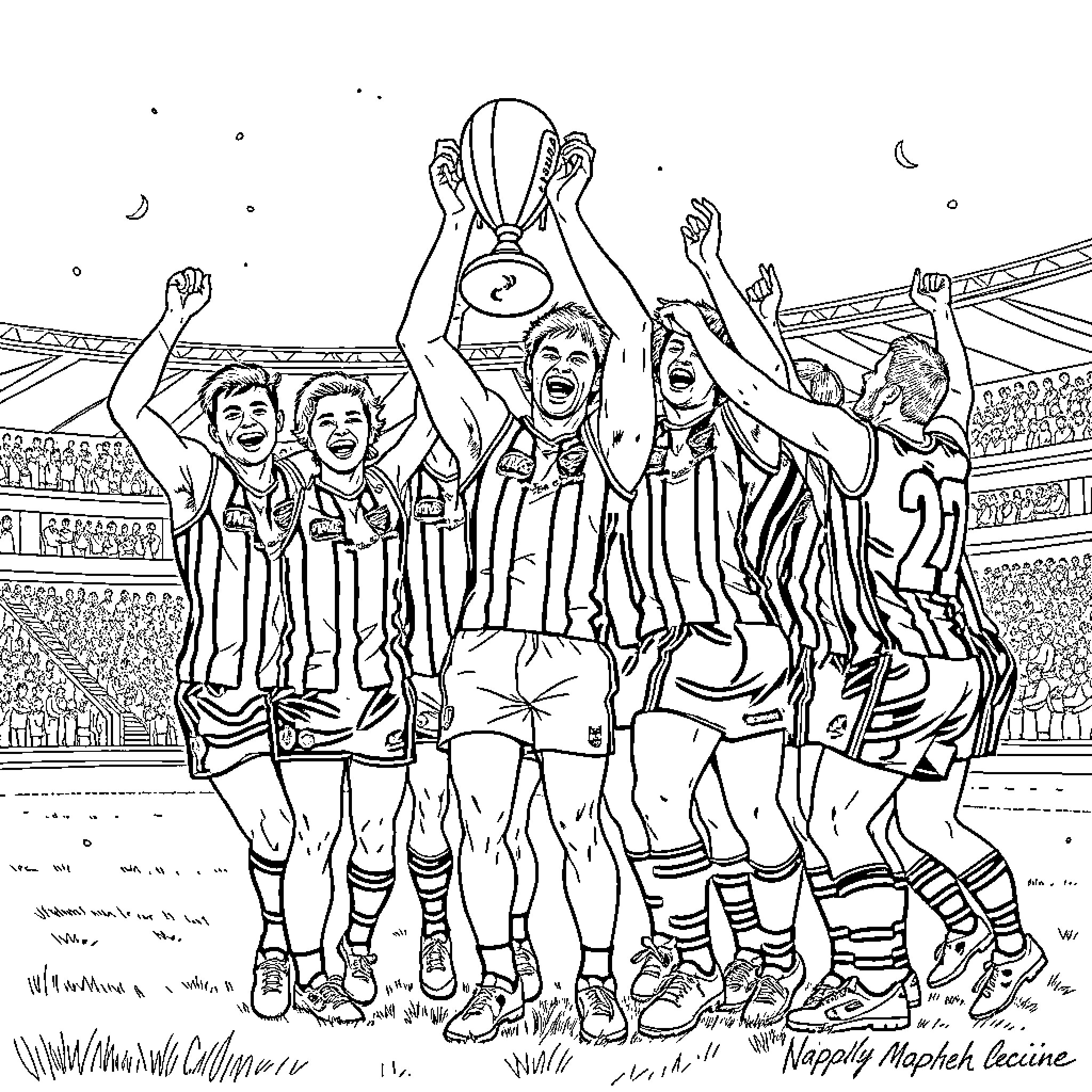 Footballer team celebrating victory with trophy Coloring Page (free black-and-white line drawing printable PDF for all, from beginners to advanced learners, including children, teens, adults, and seniors)
