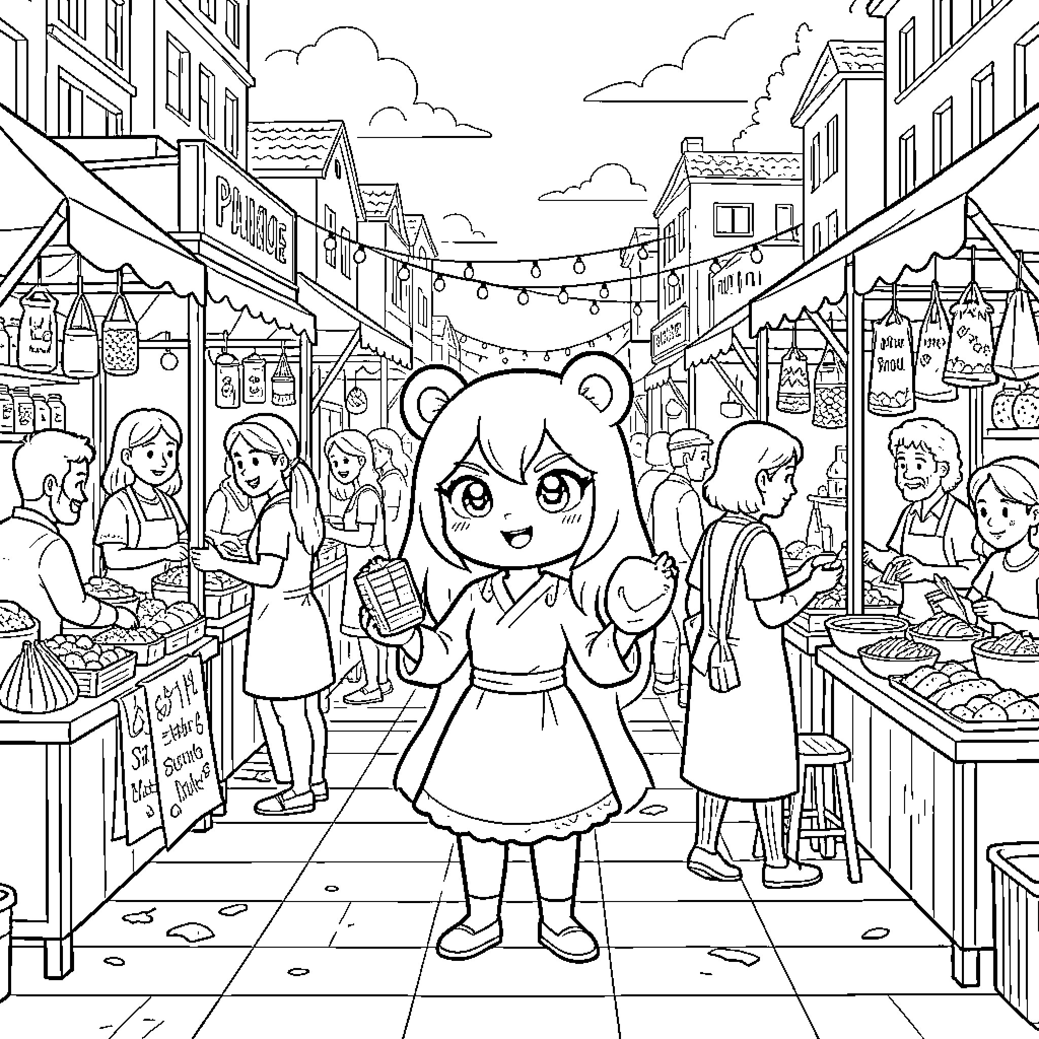 Pusheenee walking through a busy outdoor market Coloring Page (free black-and-white line drawing printable PDF for all, from beginners to advanced learners, including children, teens, adults, and seniors)
