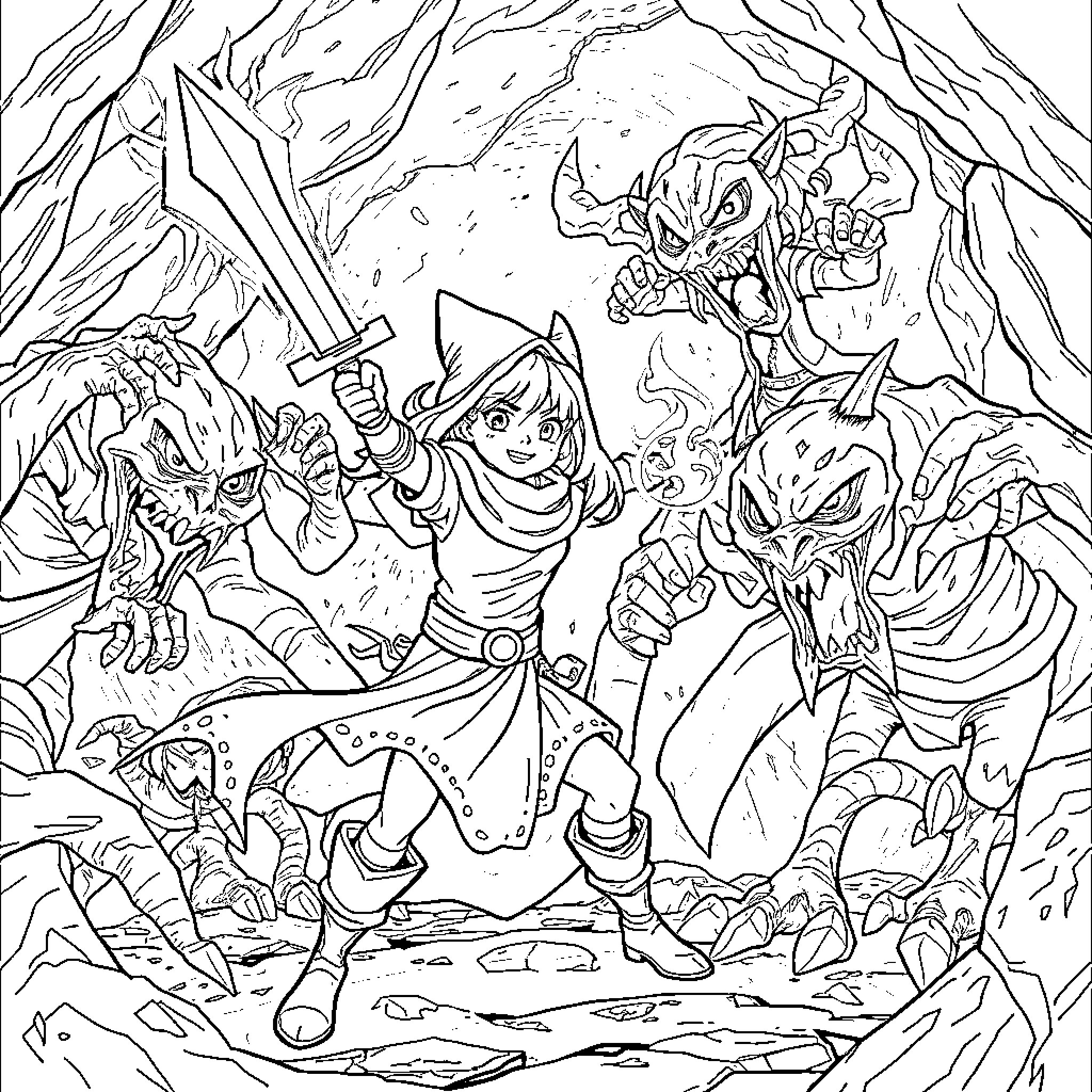 Rumi's Heroic Adventure in the Mystical Realm Coloring Page (free black-and-white line drawing printable PDF for all, from beginners to advanced learners, including children, teens, adults, and seniors)