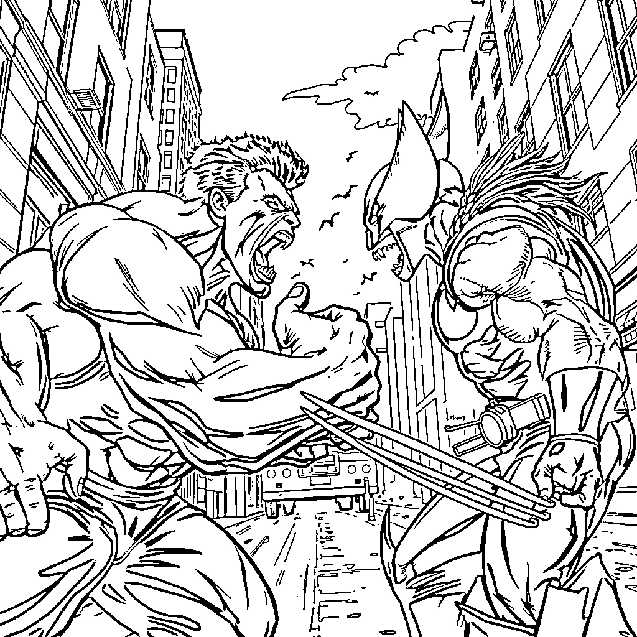 Hulk Smashing Through the City Coloring Page (free black-and-white line drawing printable PDF for all, from beginners to advanced learners, including children, teens, adults, and seniors)