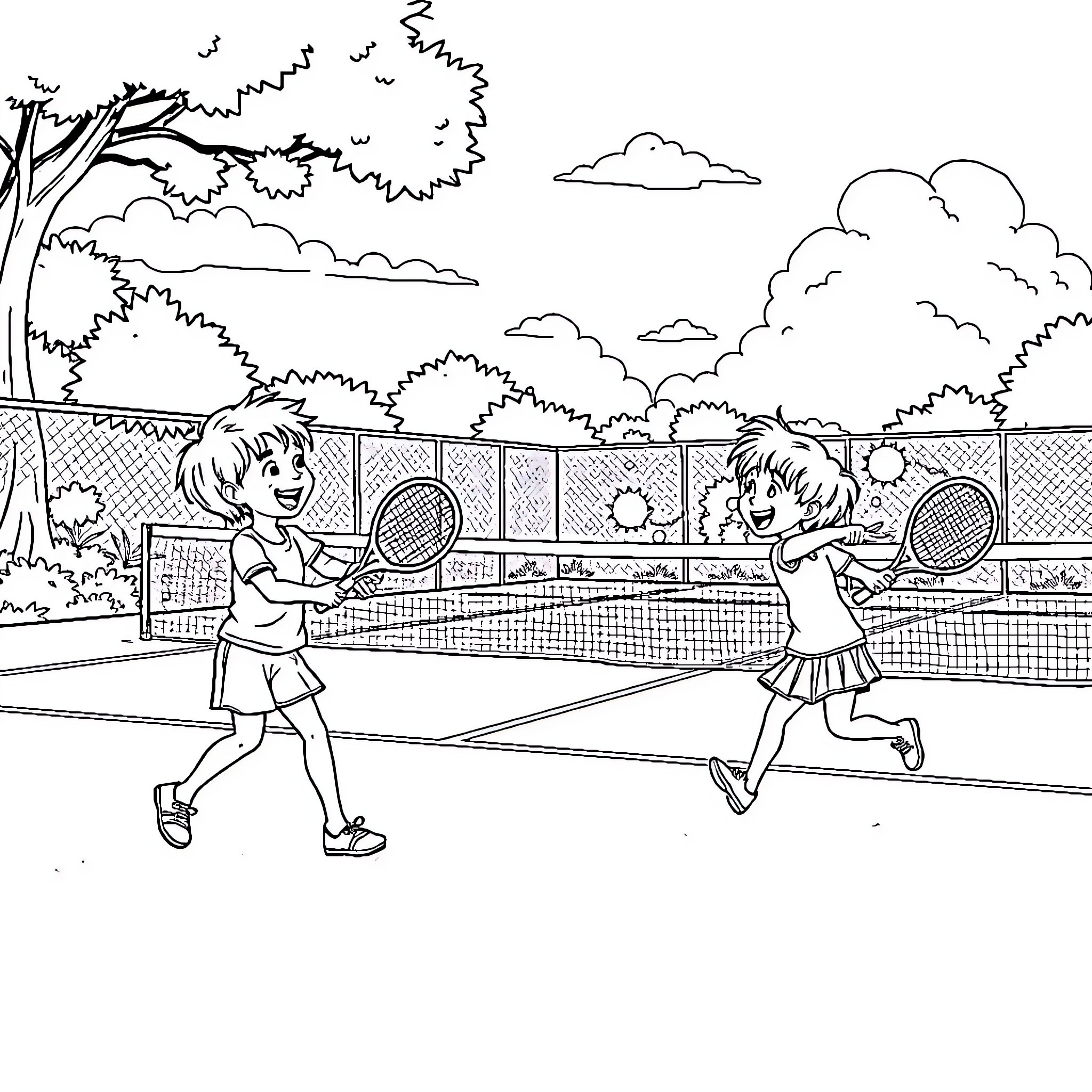 Child playing tennis on the court Coloring Page (free black-and-white line drawing printable PDF for all, from beginners to advanced learners, including children, teens, adults, and seniors)