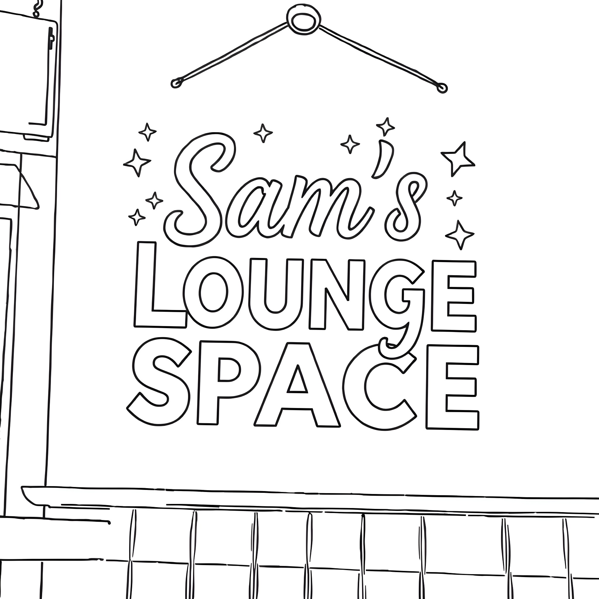 Sign for Sam's Lounge Space Coloring Page (free black-and-white line drawing printable PDF for all, from beginners to advanced learners, including children, teens, adults, and seniors)