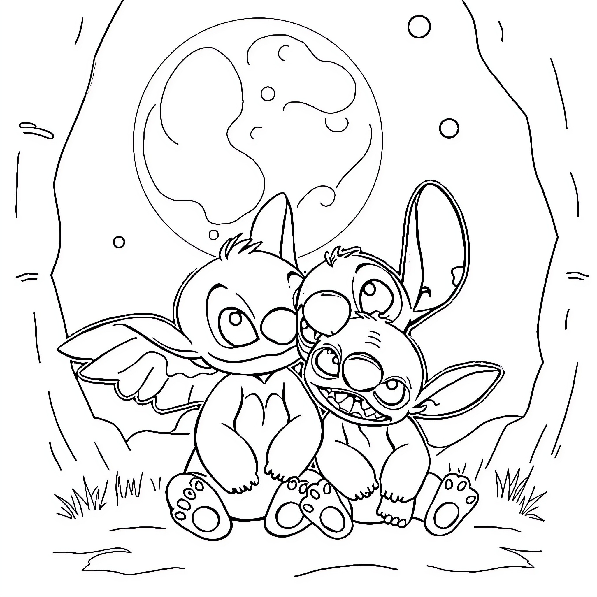 Angel Stitch and Angel Lilo's Starry Adventure Coloring Page (free black-and-white line drawing printable PDF for all, from beginners to advanced learners, including children, teens, adults, and seniors)