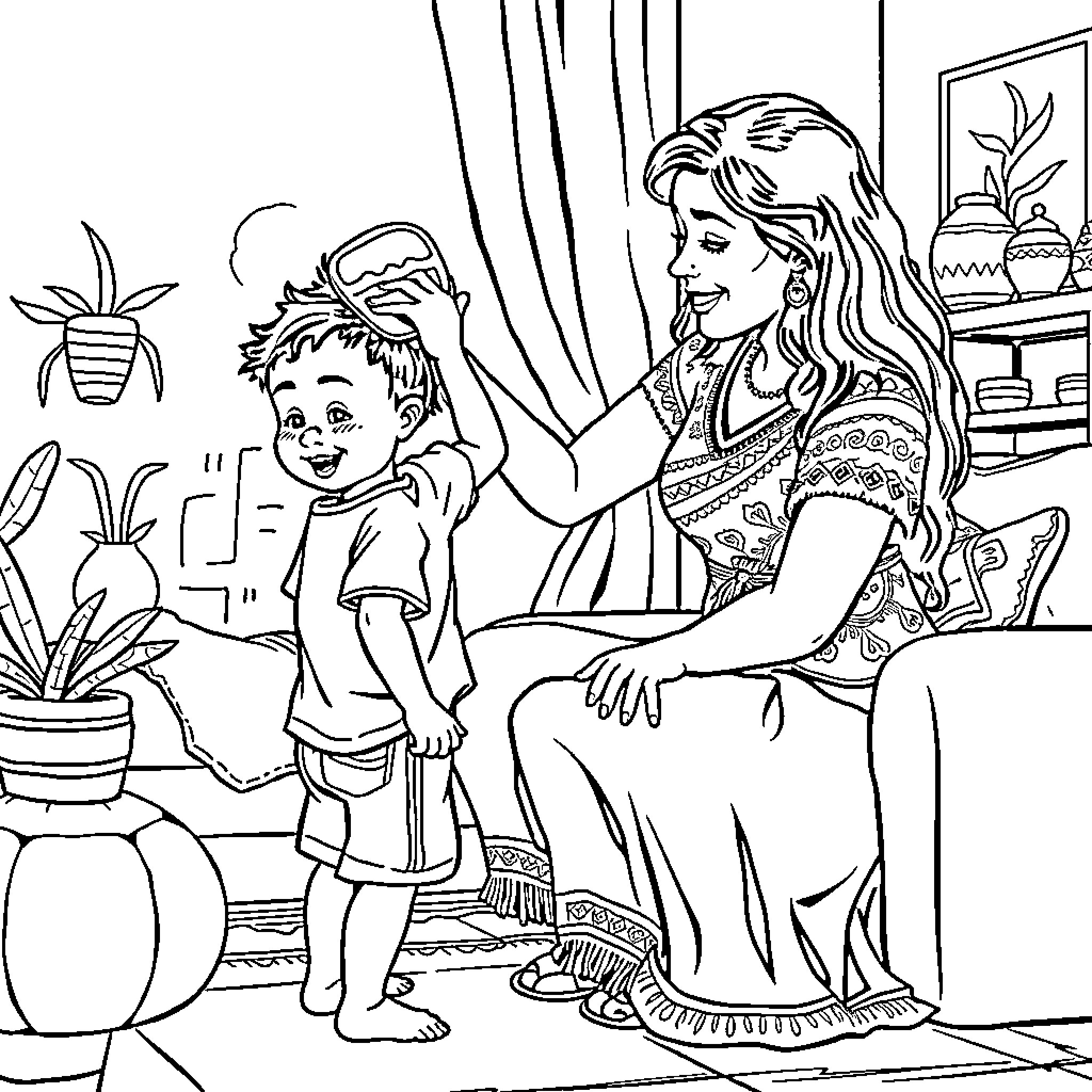 Mom caring for her child in a cozy home Coloring Page (free black-and-white line drawing printable PDF for all, from beginners to advanced learners, including children, teens, adults, and seniors)