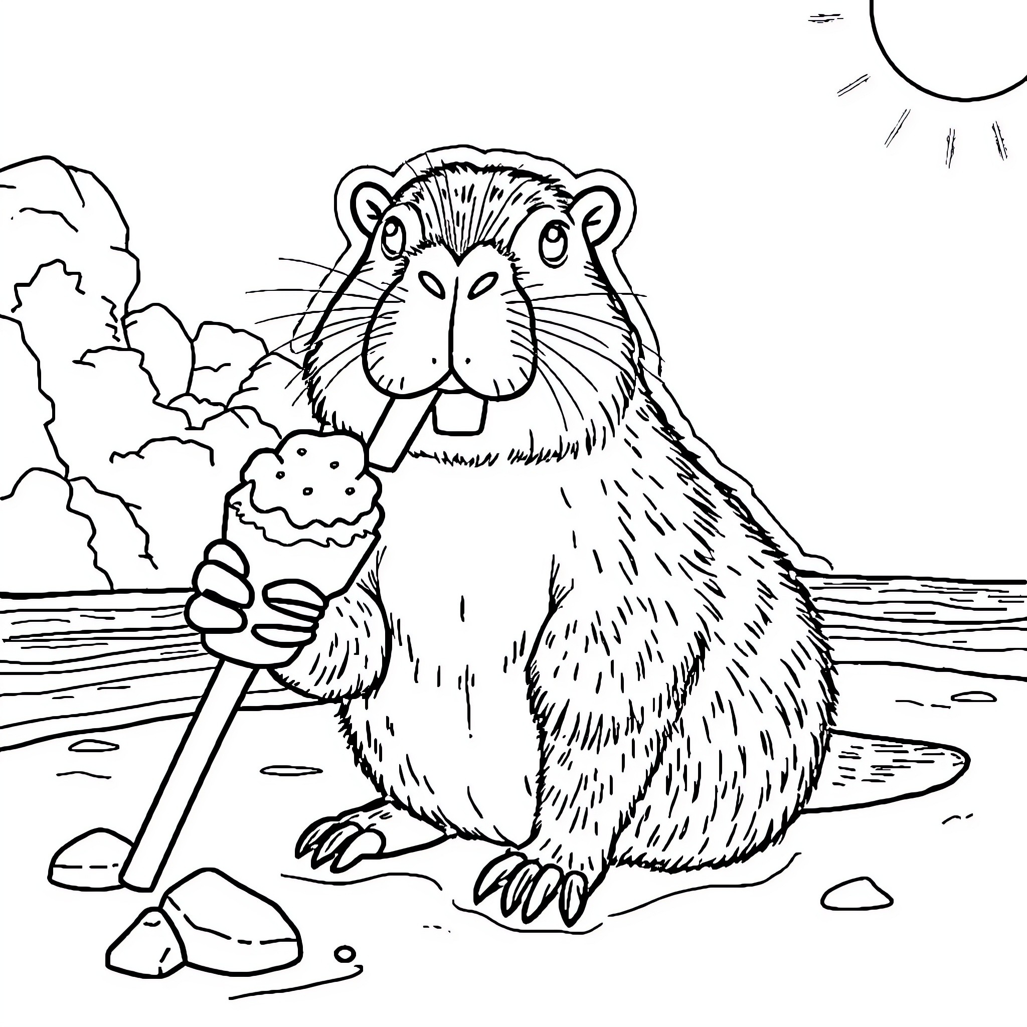 Capybara enjoying an ice cream cone on the beach Coloring Page (free black-and-white line drawing printable PDF for all, from beginners to advanced learners, including children, teens, adults, and seniors)