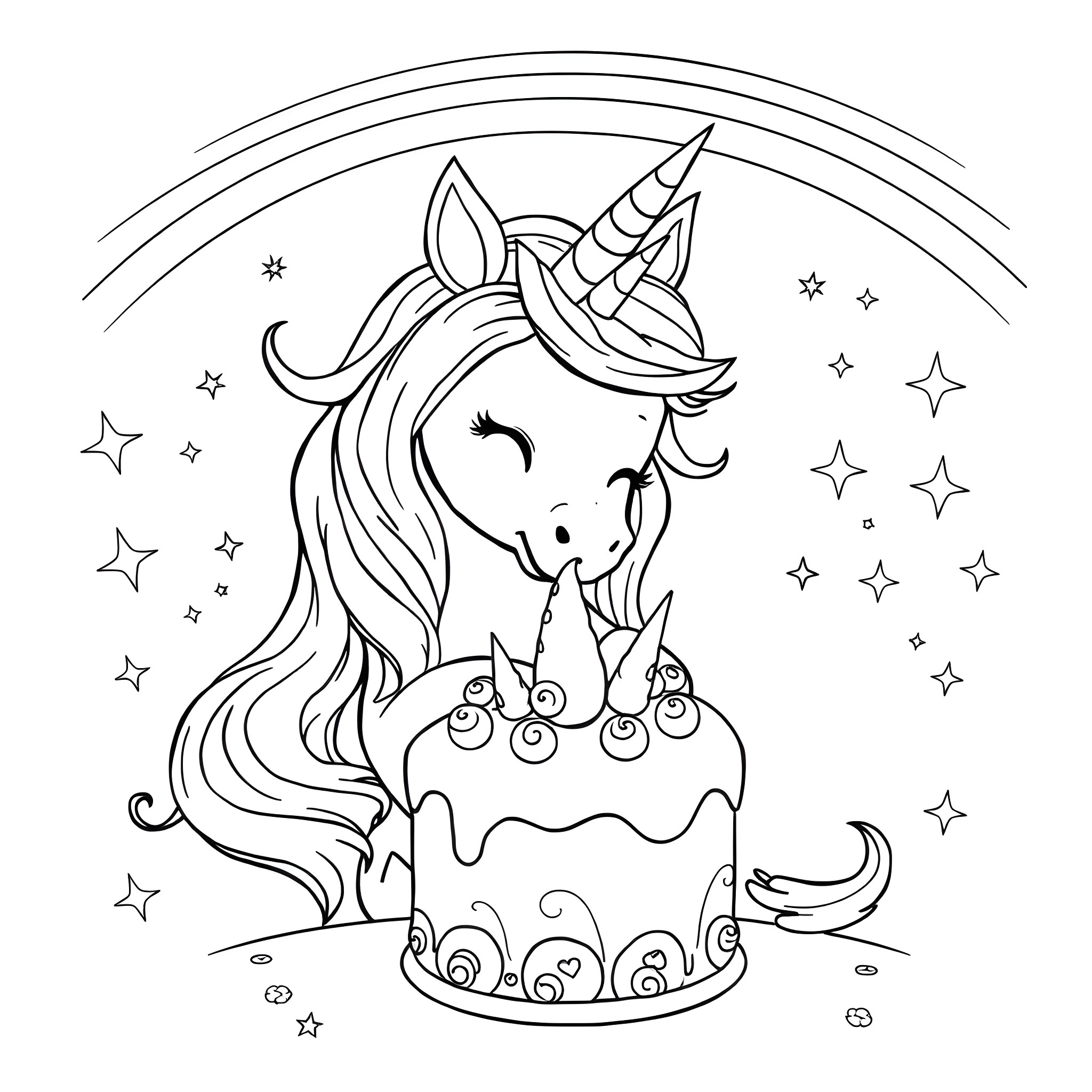 Unicorn blowing out candles on magical cake under starry night Coloring Page (free black-and-white line drawing printable PDF for all, from beginners to advanced learners, including children, teens, adults, and seniors)