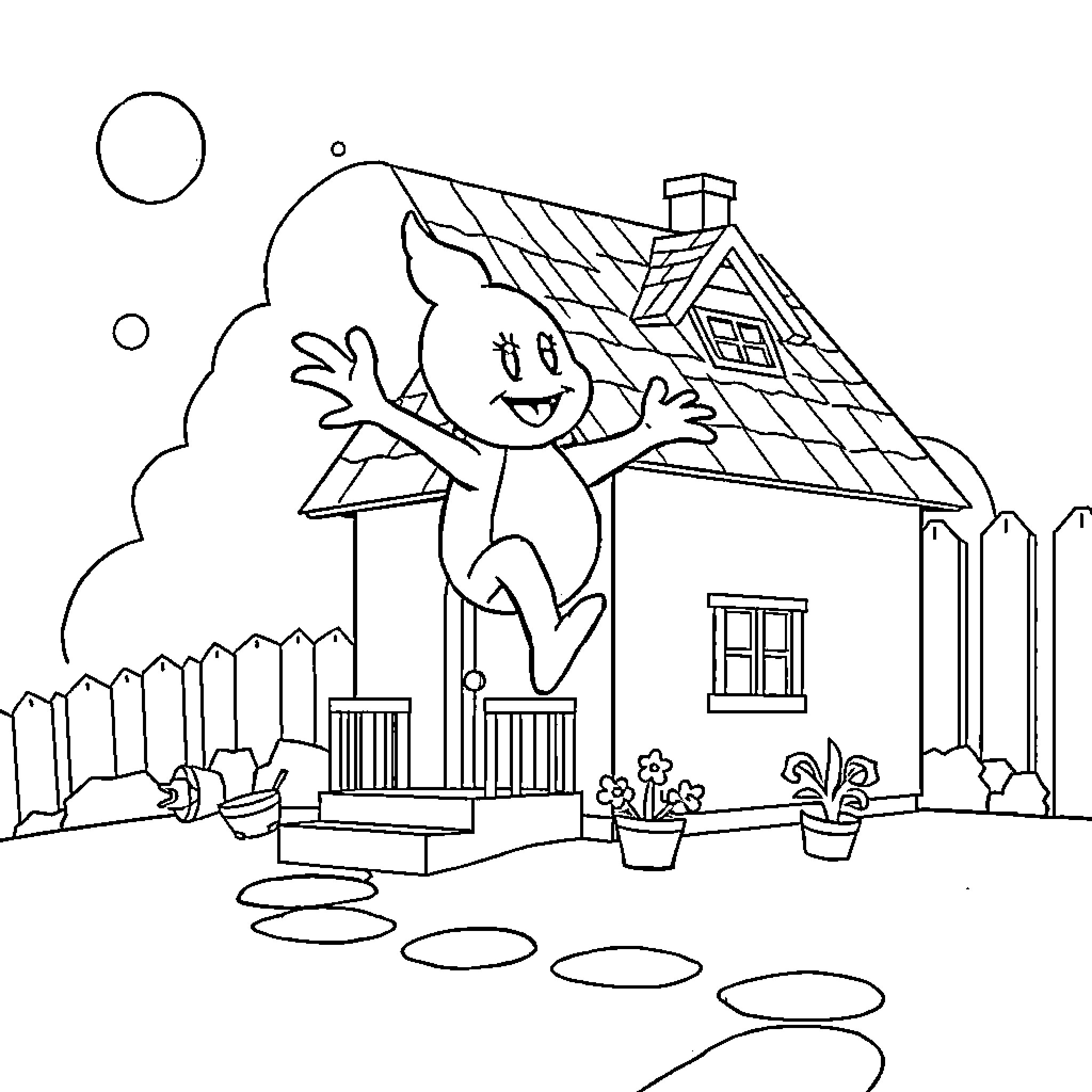 Macqueen's Happy Home Illustration Coloring Page (free black-and-white line drawing printable PDF for all, from beginners to advanced learners, including children, teens, adults, and seniors)