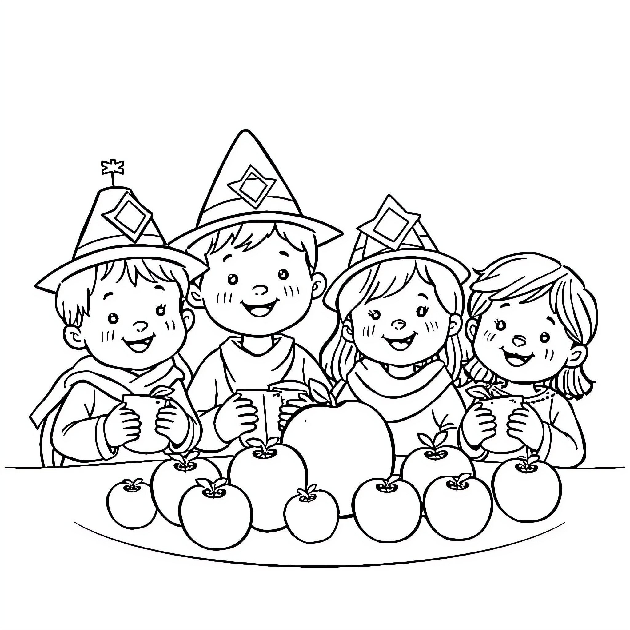 Kid wizards and witches having a fun gathering Coloring Page (free black-and-white line drawing printable PDF for all, from beginners to advanced learners, including children, teens, adults, and seniors)