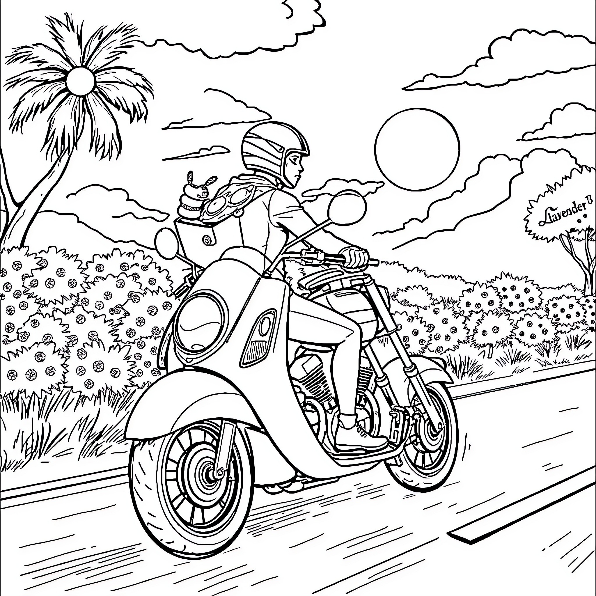 Motorbike rider enjoying scenic countryside landscape Coloring Page (free black-and-white line drawing printable PDF for all, from beginners to advanced learners, including children, teens, adults, and seniors)