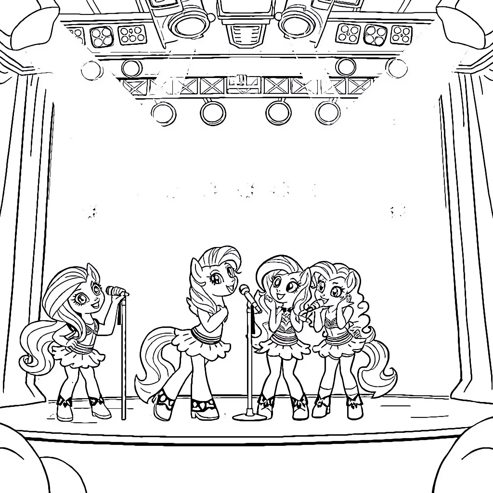 Dazzling Performers on Stage Coloring Page (free black-and-white line drawing printable PDF for all, from beginners to advanced learners, including children, teens, adults, and seniors)