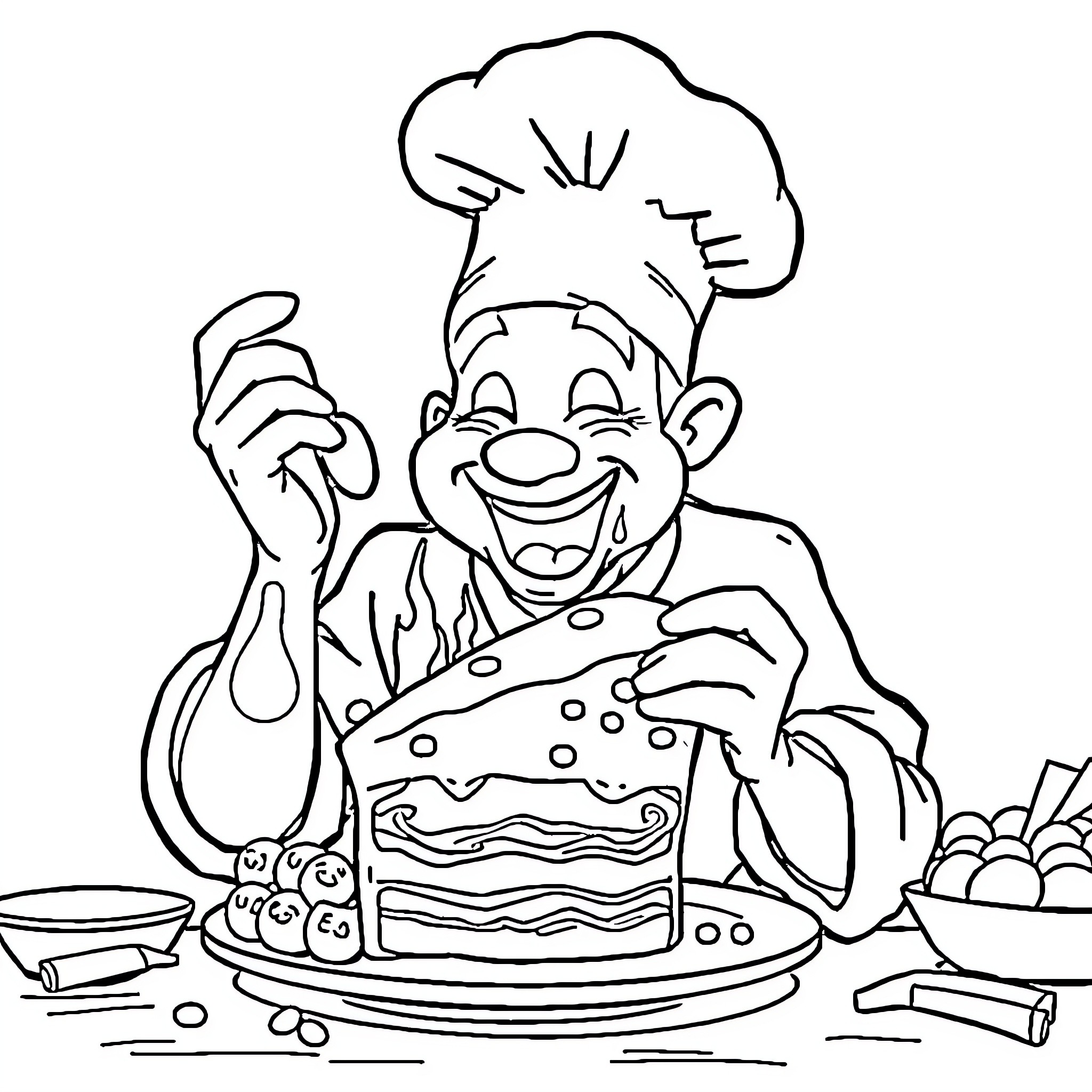 Cook preparing a delicious cake with joy Coloring Page (free black-and-white line drawing printable PDF for all, from beginners to advanced learners, including children, teens, adults, and seniors)