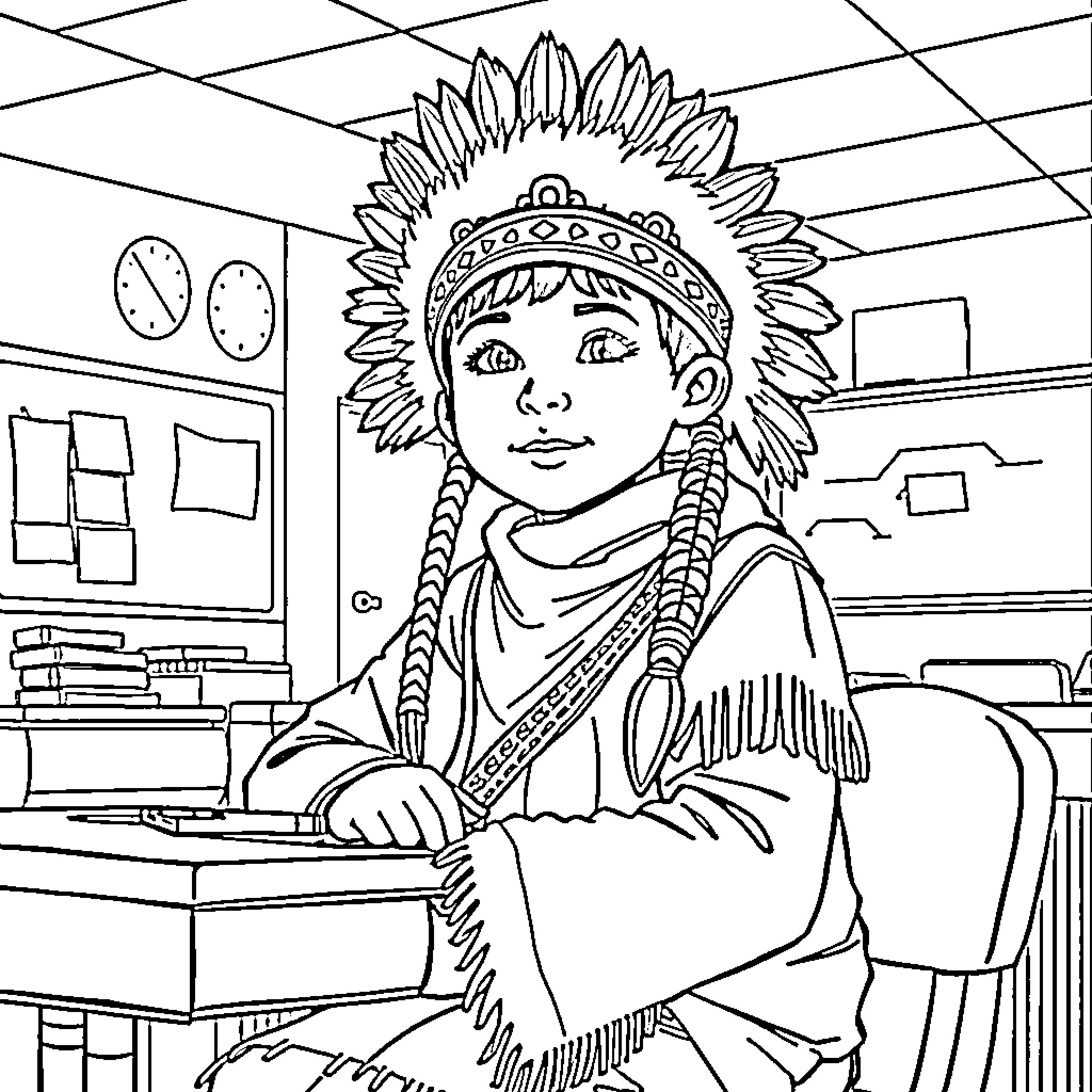 Alaska Native child in traditional headpiece in classroom Coloring Page (free black-and-white line drawing printable PDF for all, from beginners to advanced learners, including children, teens, adults, and seniors)