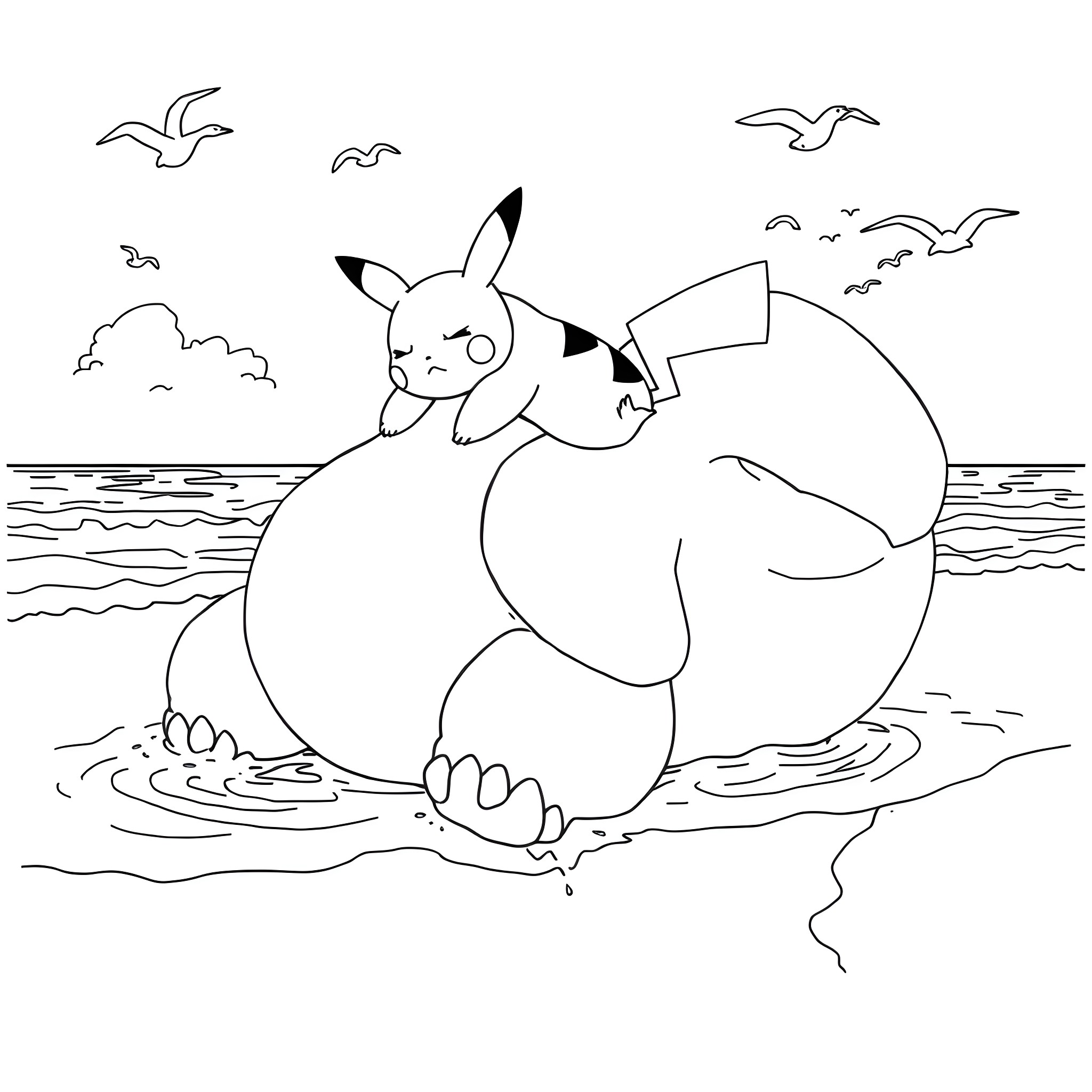 Pikachu relaxing by the beach Coloring Page (free black-and-white line drawing printable PDF for all, from beginners to advanced learners, including children, teens, adults, and seniors)