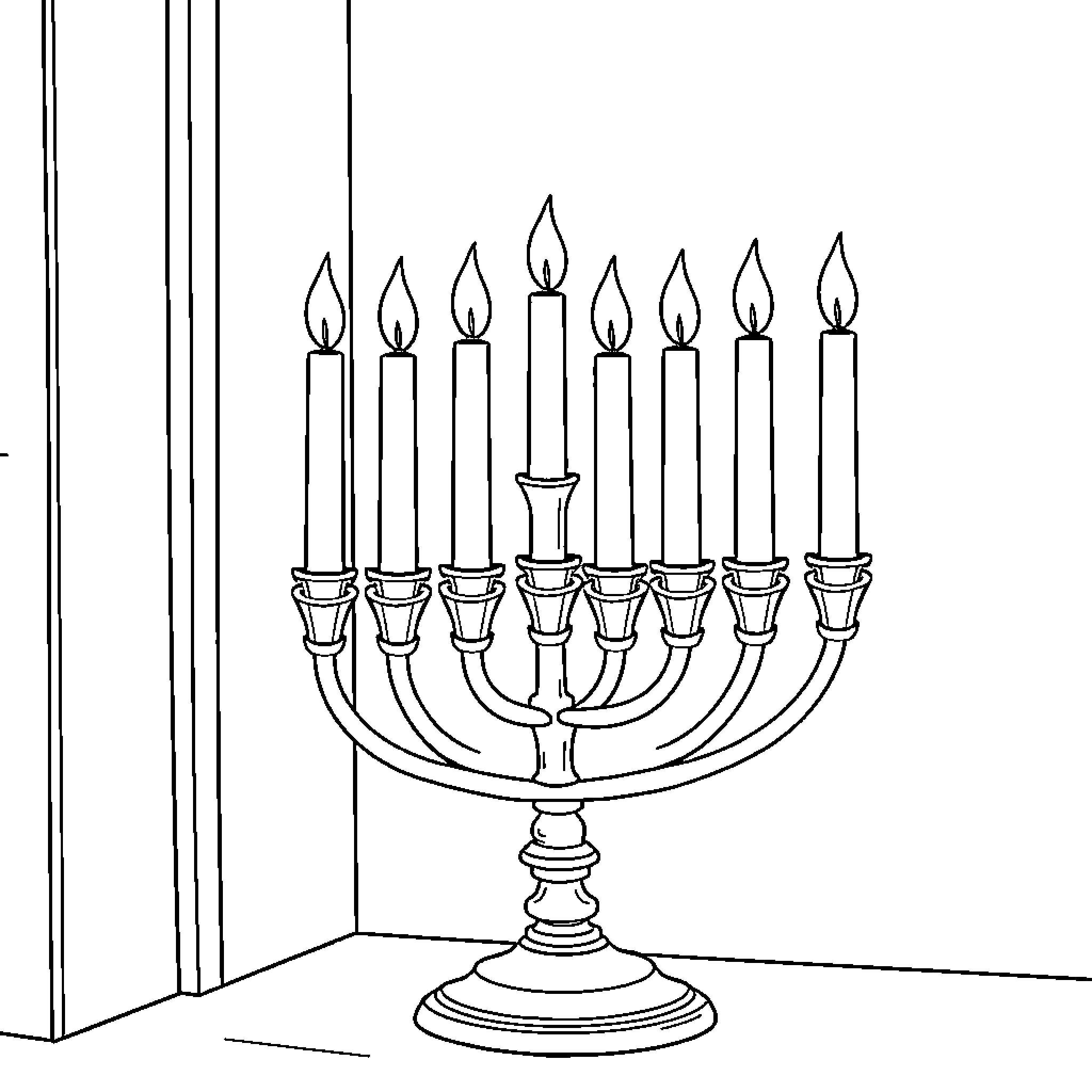 Menorah with Burning Candles Coloring Page (free black-and-white line drawing printable PDF for all, from beginners to advanced learners, including children, teens, adults, and seniors)