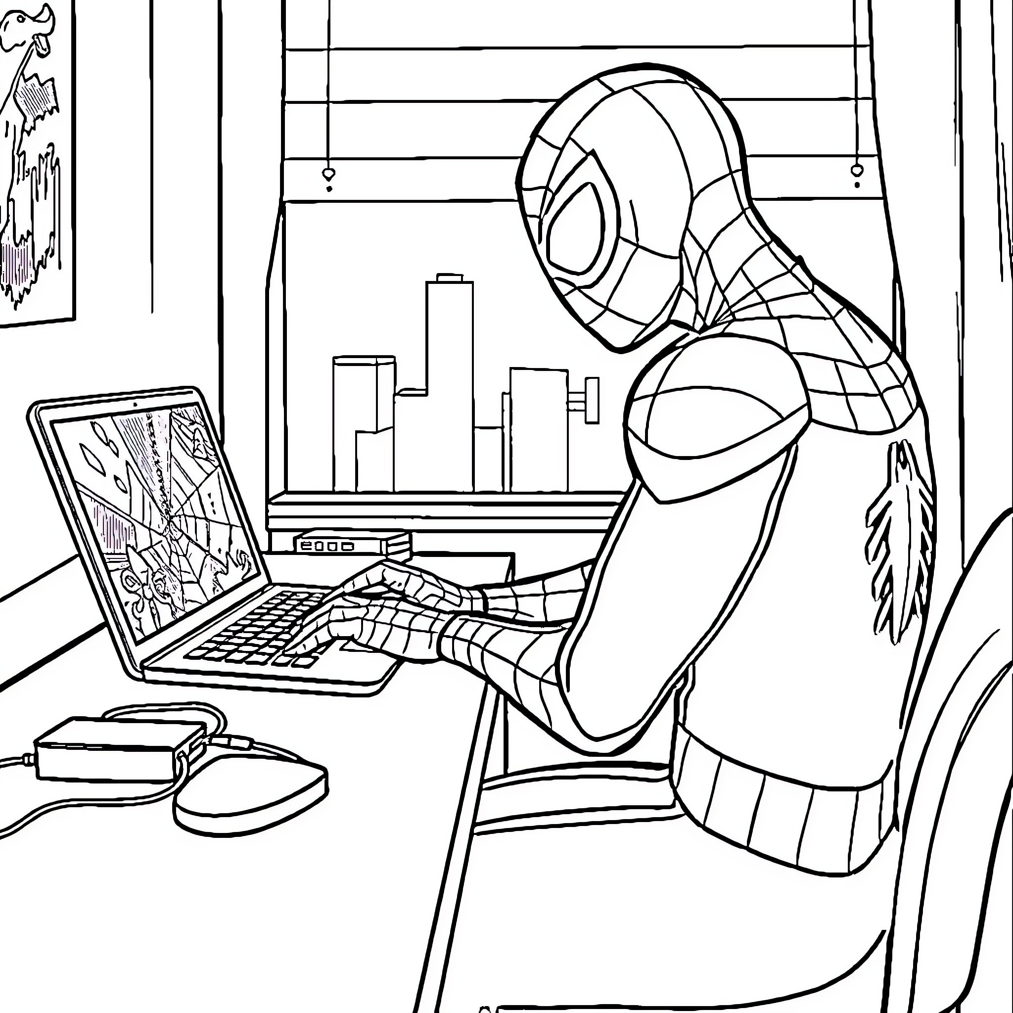 Spiderman Monitoring City Data on Laptop Coloring Page (free black-and-white line drawing printable PDF for all, from beginners to advanced learners, including children, teens, adults, and seniors)