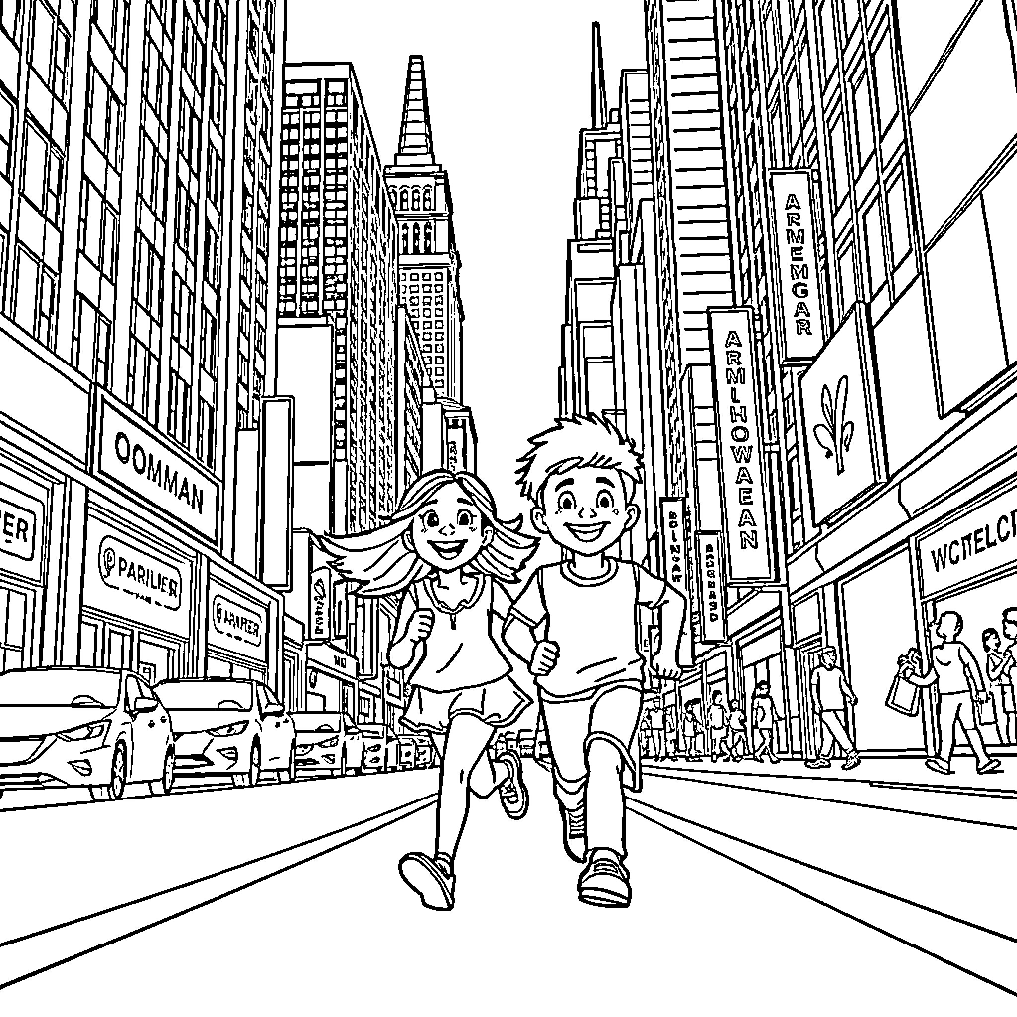 Anya and Sasha explore the bustling city streets Coloring Page (free black-and-white line drawing printable PDF for all, from beginners to advanced learners, including children, teens, adults, and seniors)