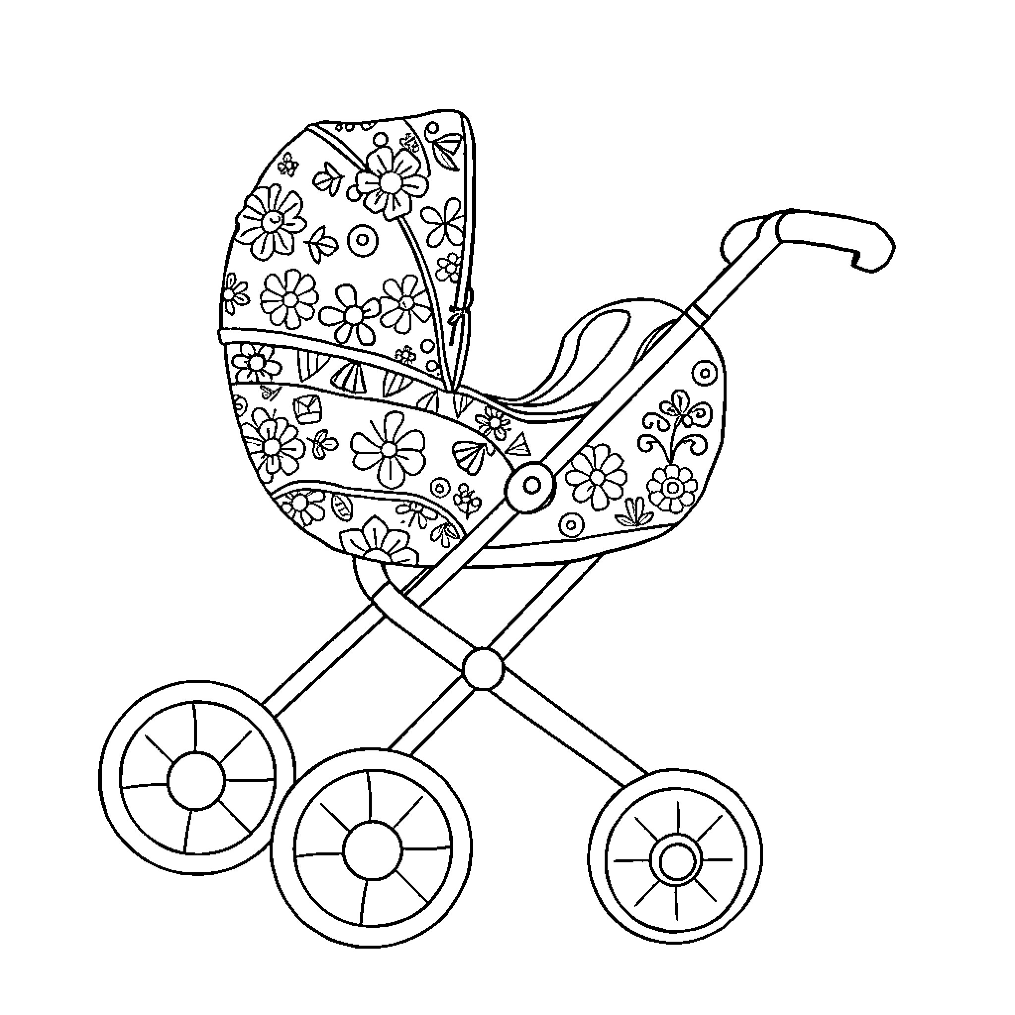 Shoe-shaped Baby Carriage with Floral Patterns Coloring Page (free black-and-white line drawing printable PDF for all, from beginners to advanced learners, including children, teens, adults, and seniors)