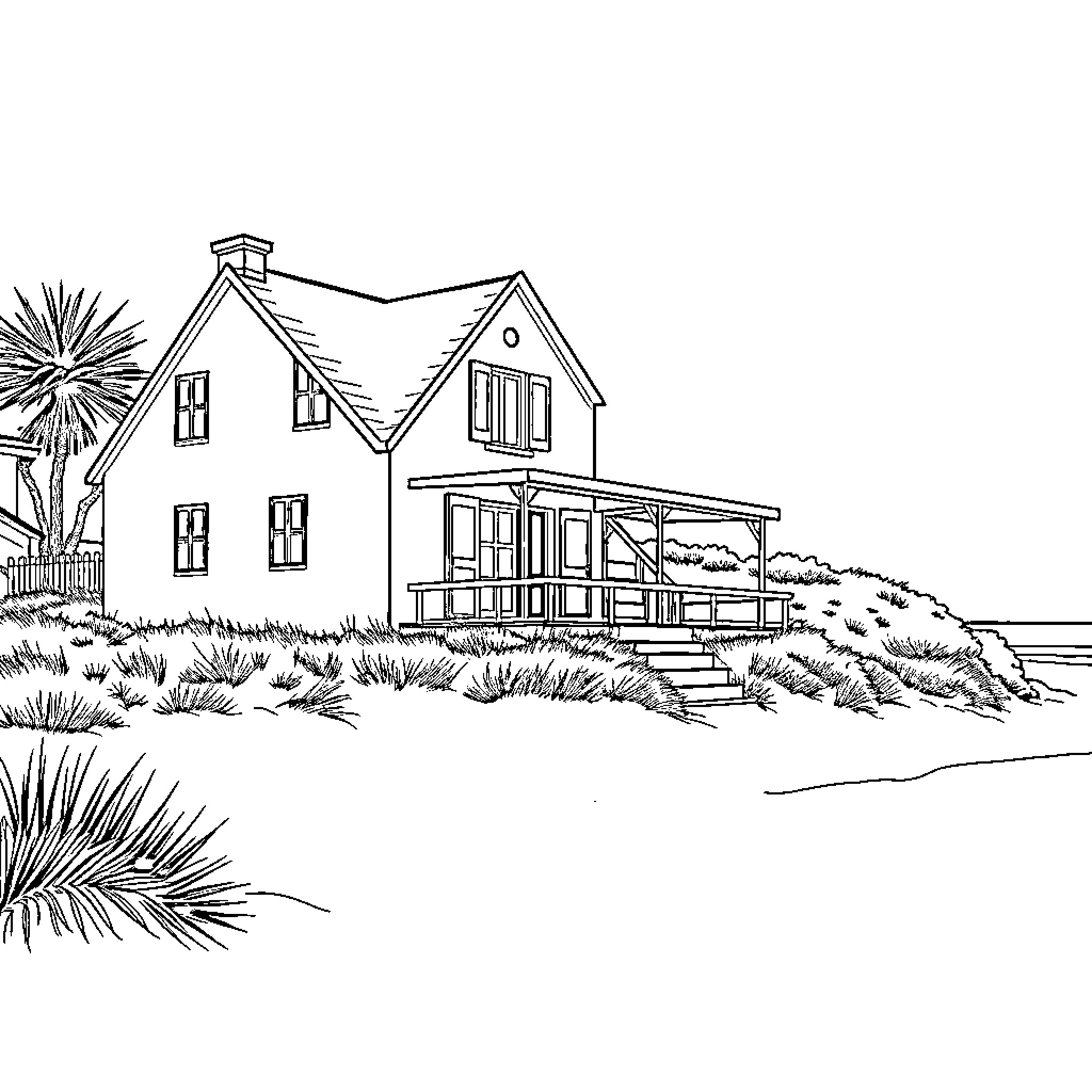 House with porch on a beach Coloring Page (free black-and-white line drawing printable PDF for all, from beginners to advanced learners, including children, teens, adults, and seniors)
