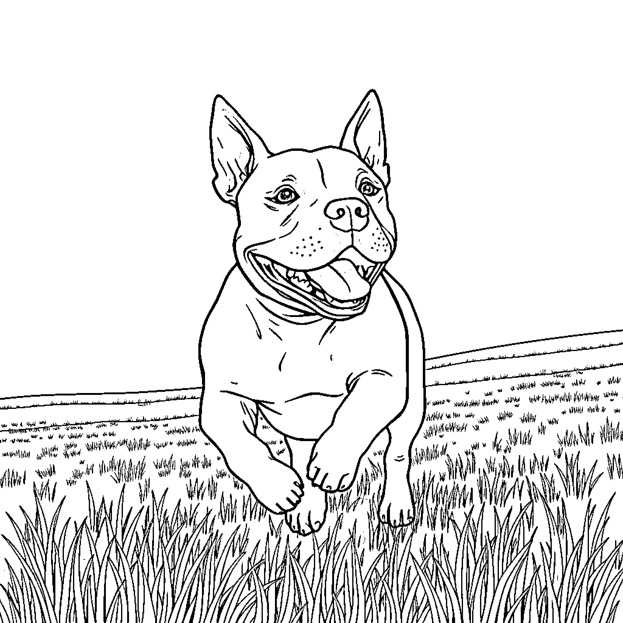 Pitbull lounging happily in a grassy field Coloring Page (free black-and-white line drawing printable PDF for all, from beginners to advanced learners, including children, teens, adults, and seniors)