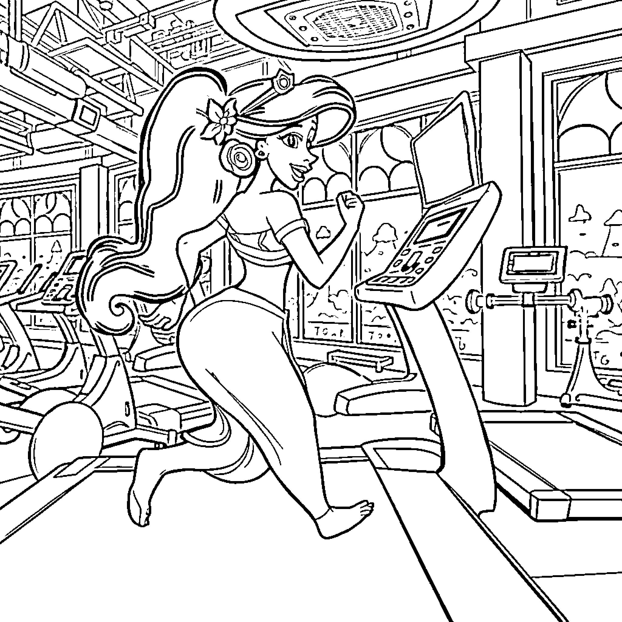 Jasmine exploring the arcade game world Coloring Page (free black-and-white line drawing printable PDF for all, from beginners to advanced learners, including children, teens, adults, and seniors)