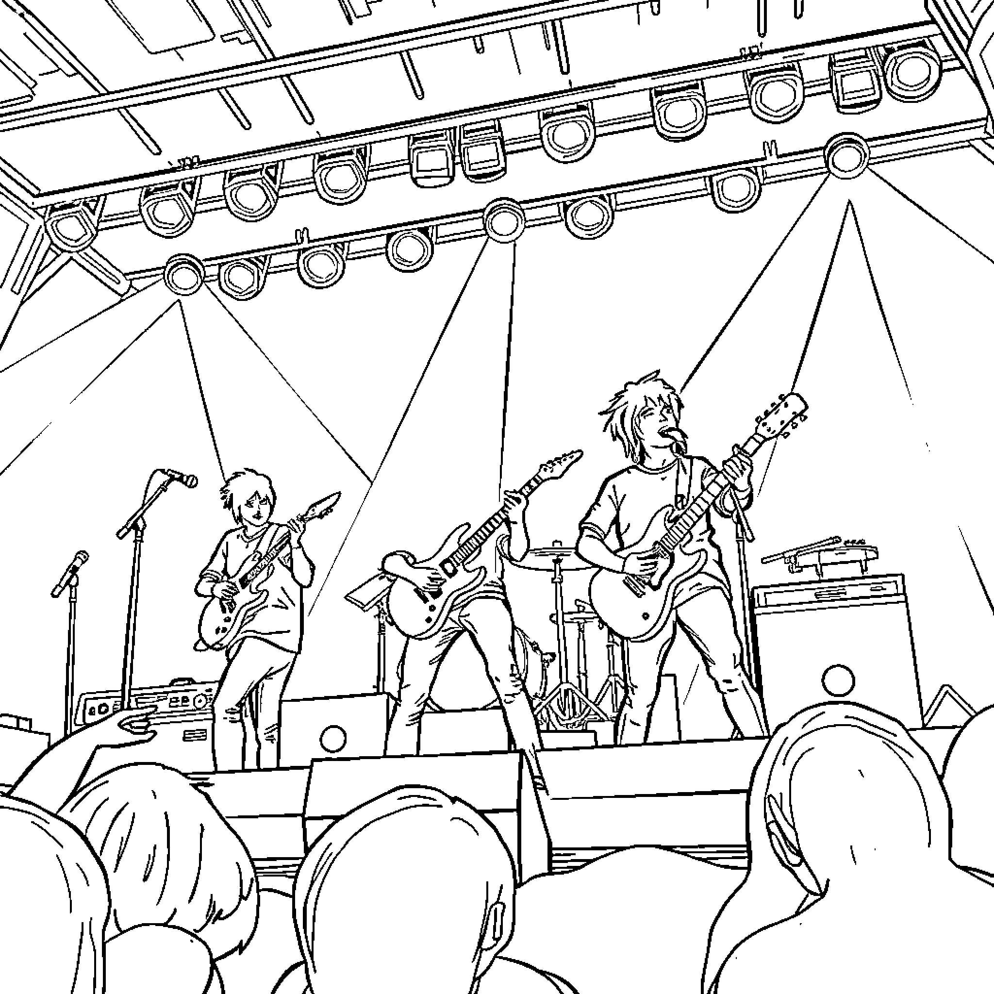 Bring Me the Horizon: Rock Band on Stage Coloring Page (free black-and-white line drawing printable PDF for all, from beginners to advanced learners, including children, teens, adults, and seniors)