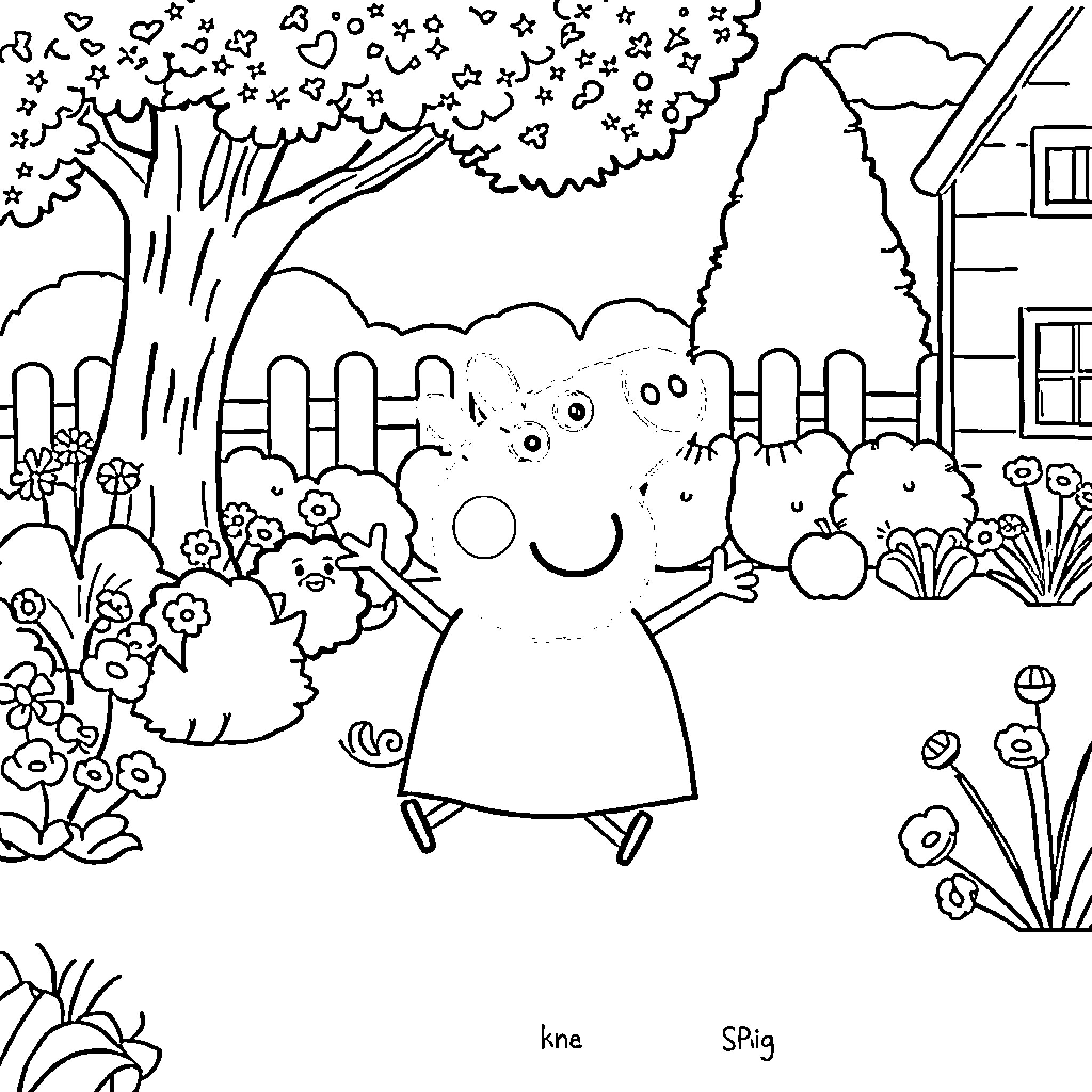 Peppa Pig enjoying nature in the park Coloring Page (free black-and-white line drawing printable PDF for all, from beginners to advanced learners, including children, teens, adults, and seniors)