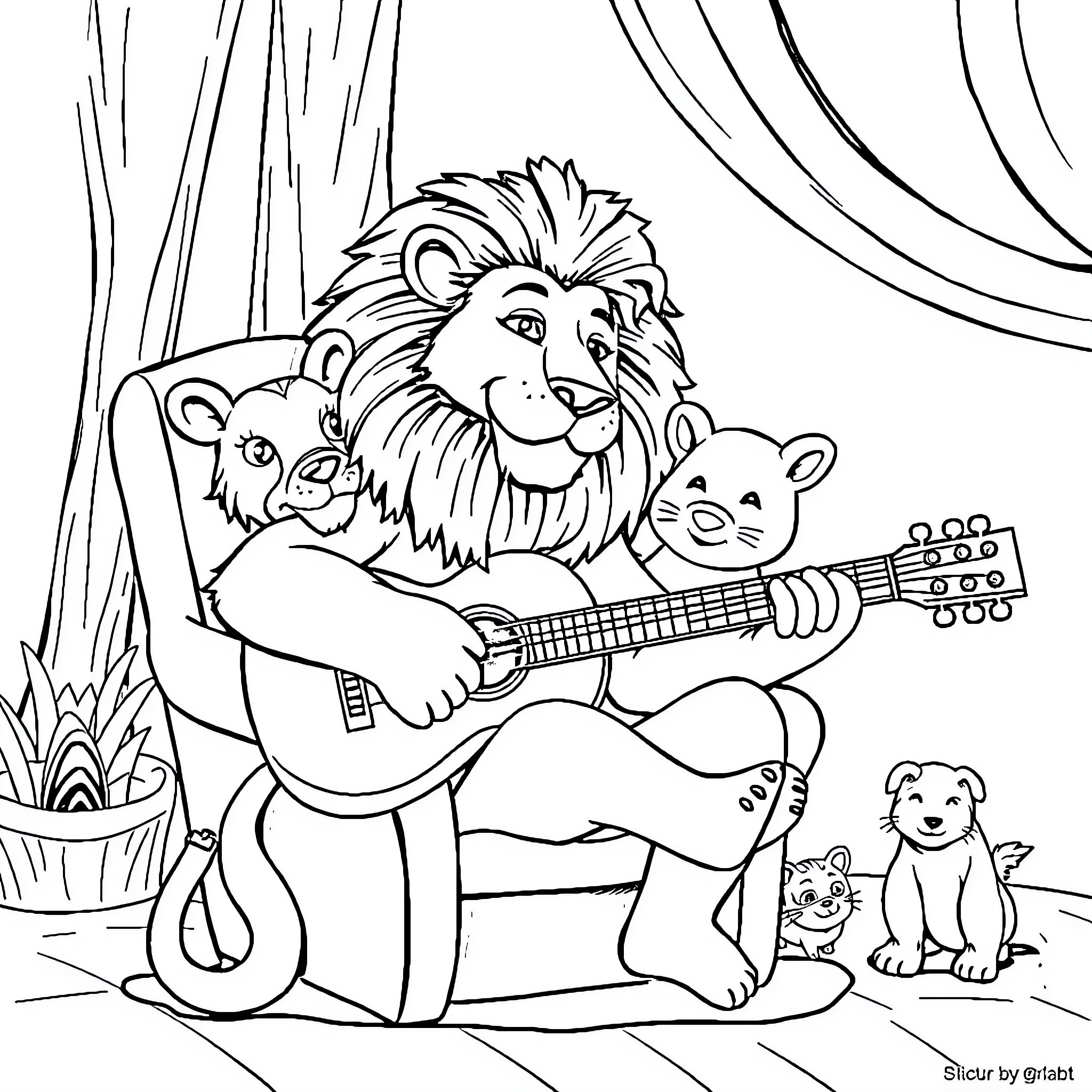Leon the Lion Entertains Friends with Guitar Coloring Page (free black-and-white line drawing printable PDF for all, from beginners to advanced learners, including children, teens, adults, and seniors)