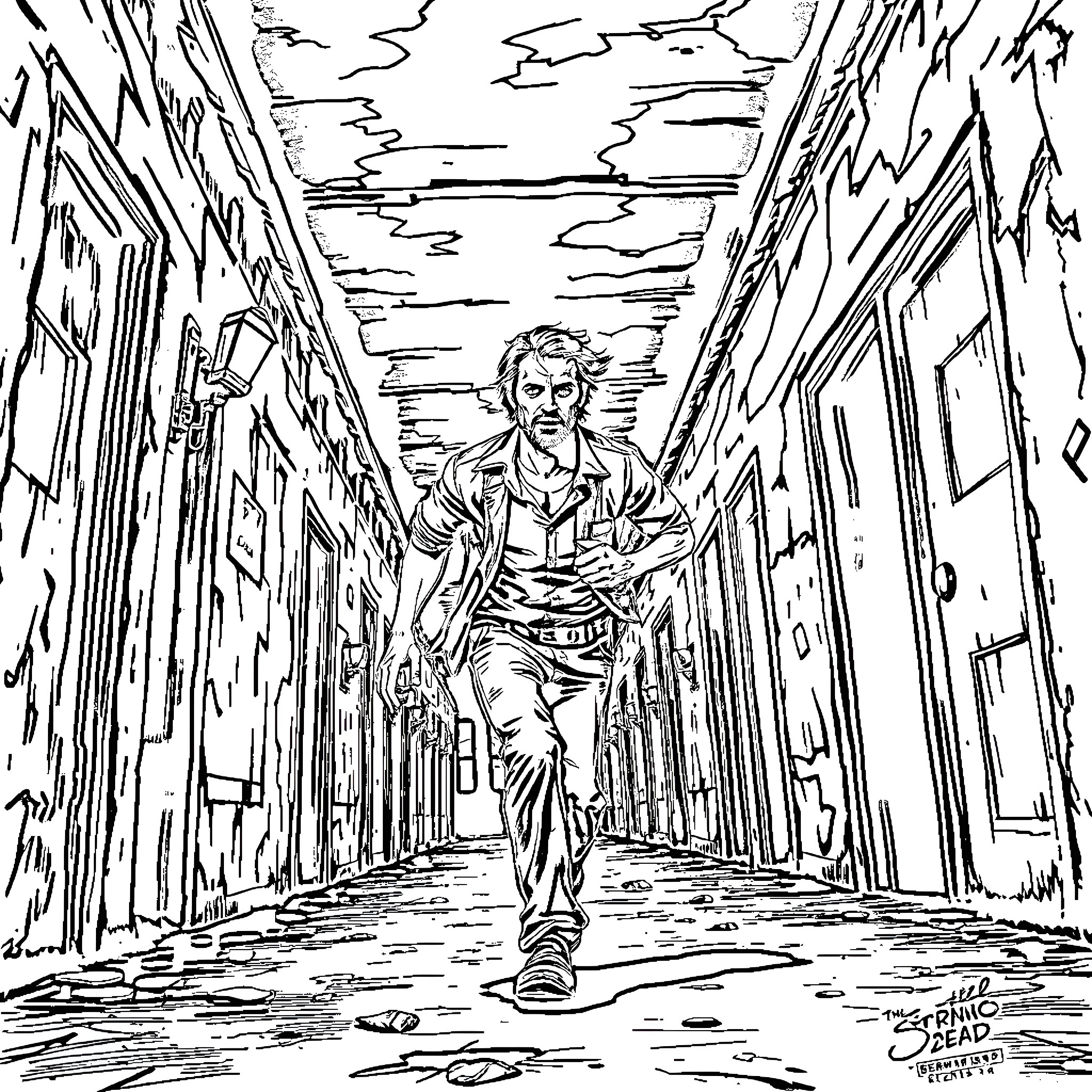 Joel running through the grungy alley Coloring Page (free black-and-white line drawing printable PDF for all, from beginners to advanced learners, including children, teens, adults, and seniors)