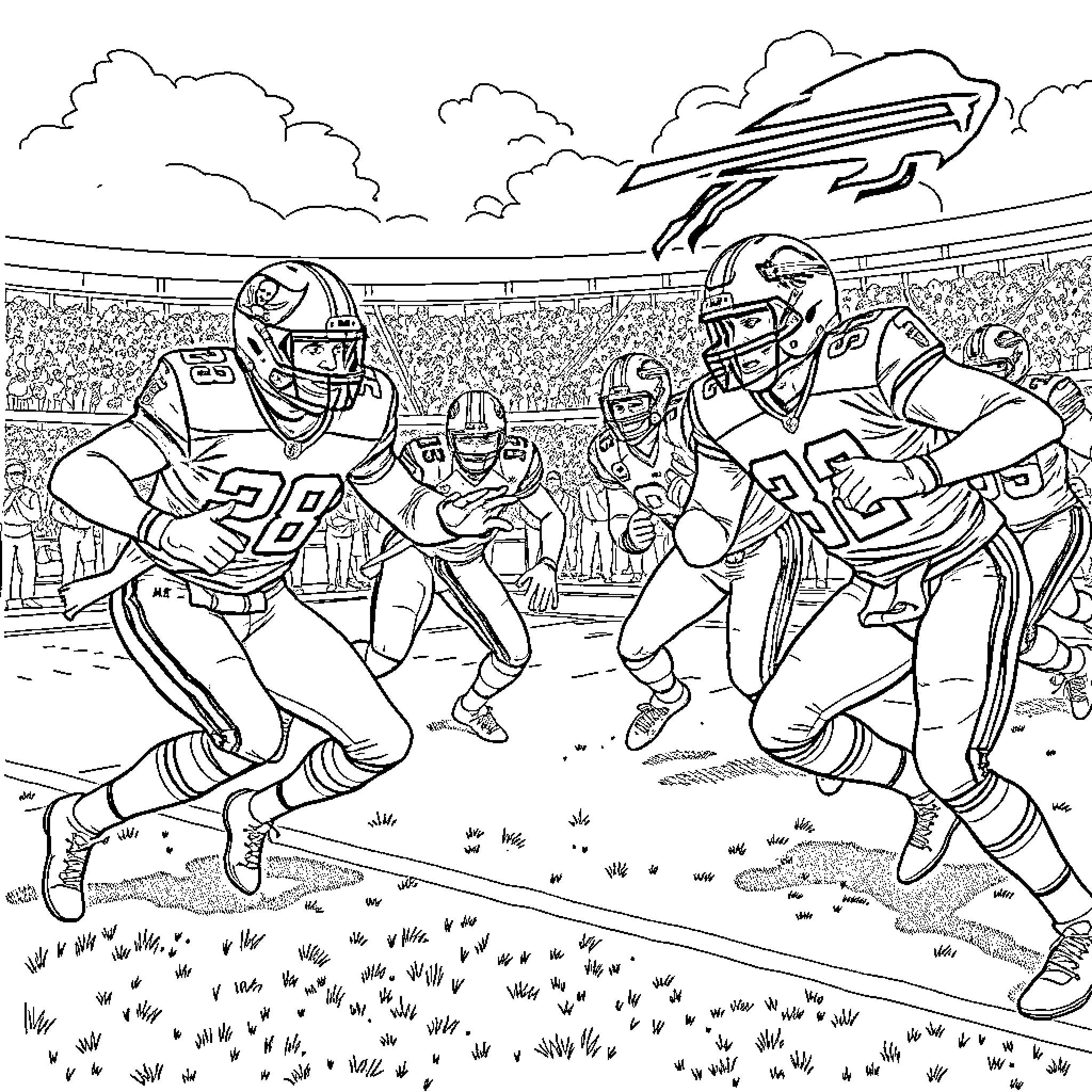 NFL Players Competing Intensely on the Field Coloring Page (free black-and-white line drawing printable PDF for all, from beginners to advanced learners, including children, teens, adults, and seniors)